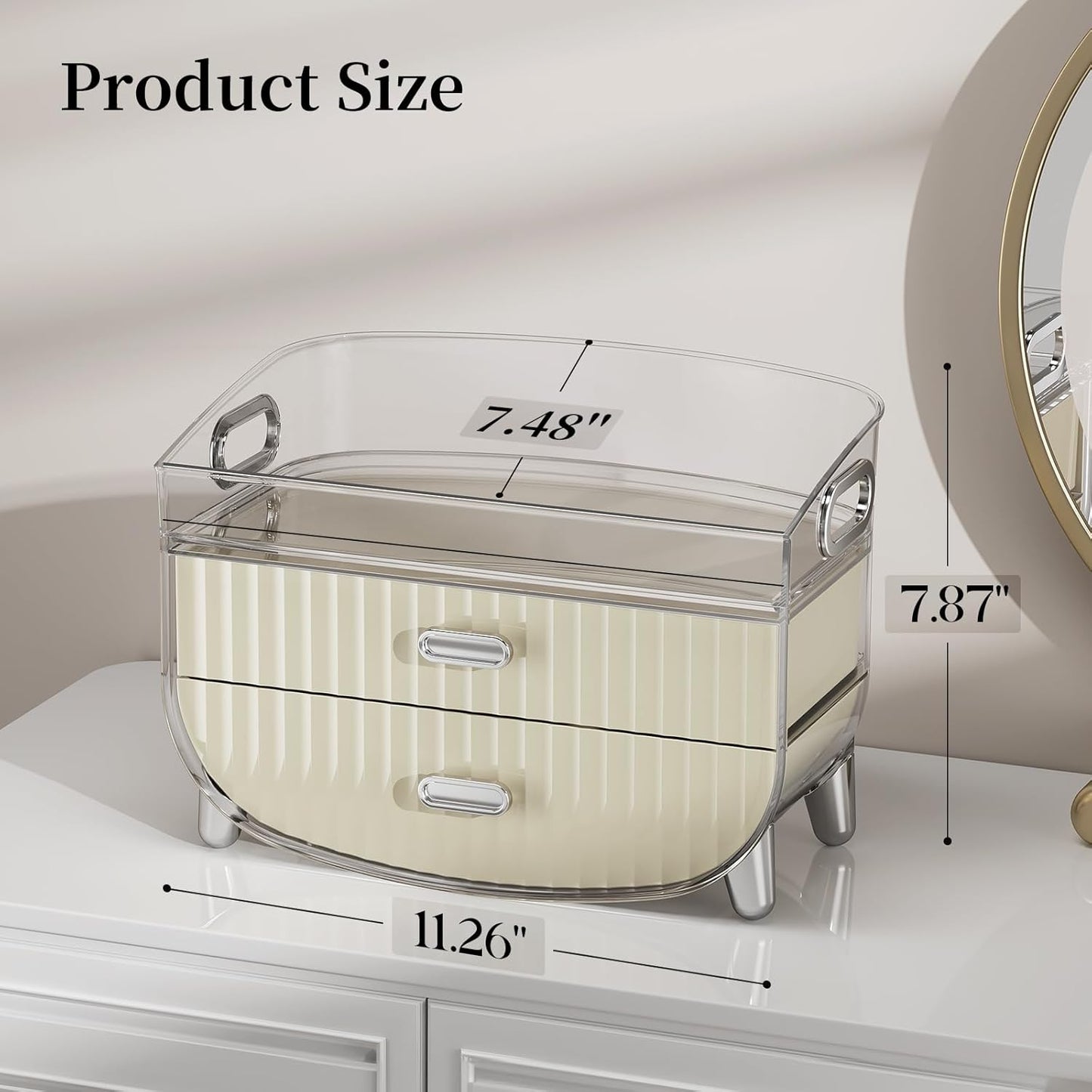 Makeup Organizer with 2 Drawers, Bathroom Storage with Four Non-Slip Feet and Dust-Proof, Simple and Stylish for Desktop, Vanity, Bathroom Countertops, White