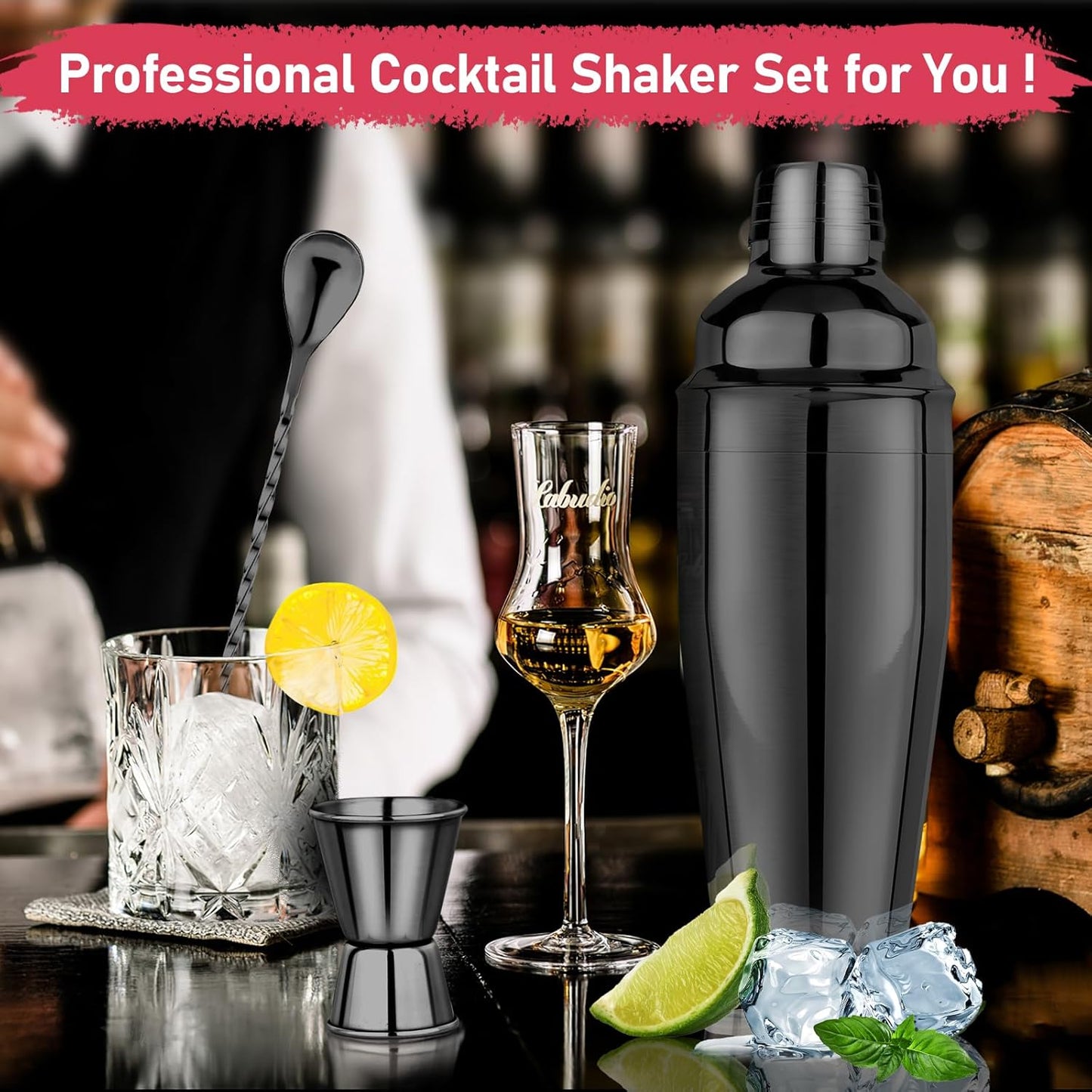25 oz Professional Cocktail Shaker Set - 18/8 Stainless Steel Bartending Tools for Martini and Margarita Mixing with Measuring Jigger and Spoon (Black)