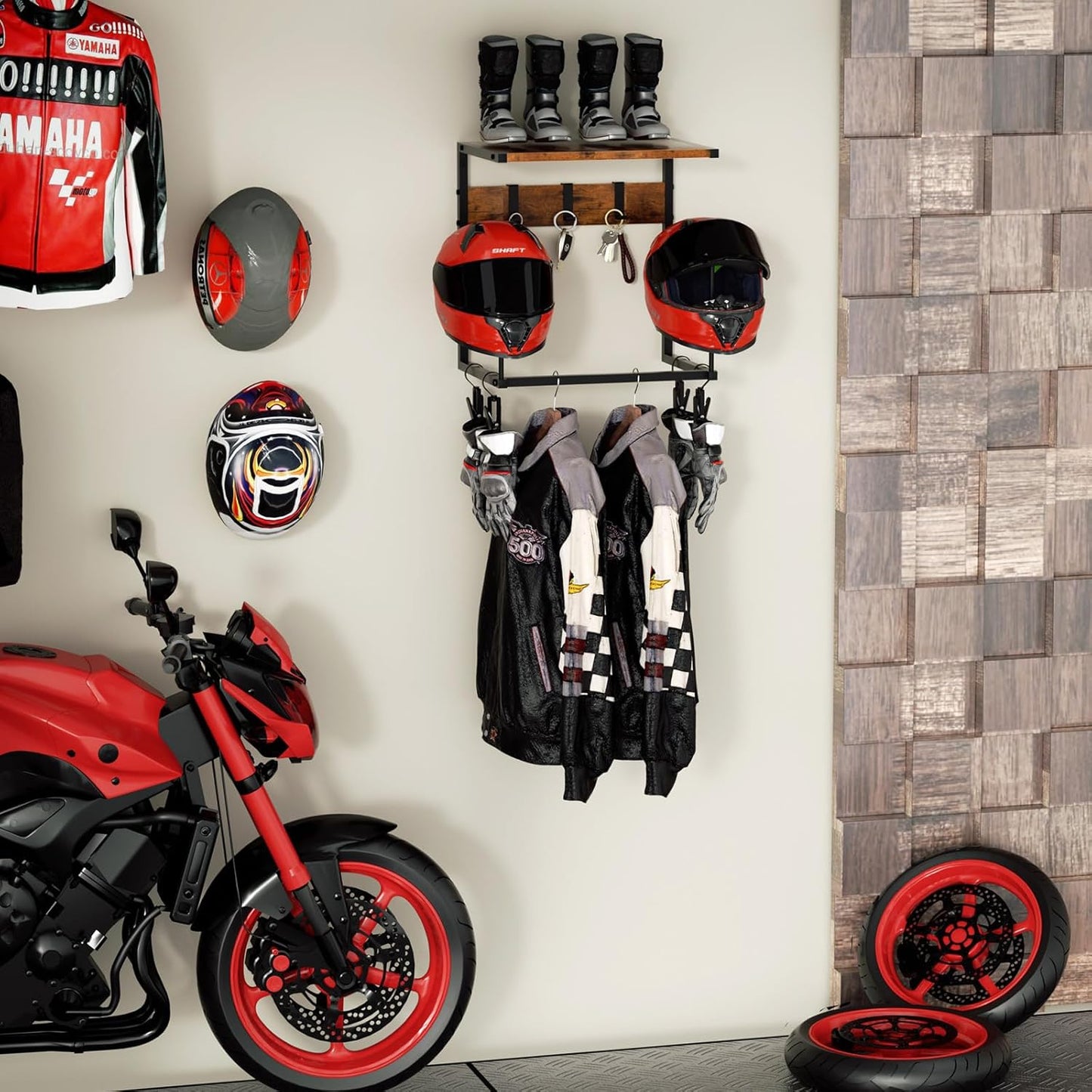 Motorcycle Helmet Holder Wall Mount, Helmet Rack with 2 Hat Stands, Helmet Stand for Display Wall Mount, Motorcycle Accessories Gear Storage for Men, Small