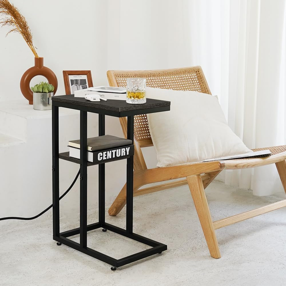 C Shaped End Table with Charging Station for Living Room, Bedroom, Sofa Table with USB Ports and Outlets for Small Spaces, C Couch Rustic Snack Bed Table, Charcoal Gray