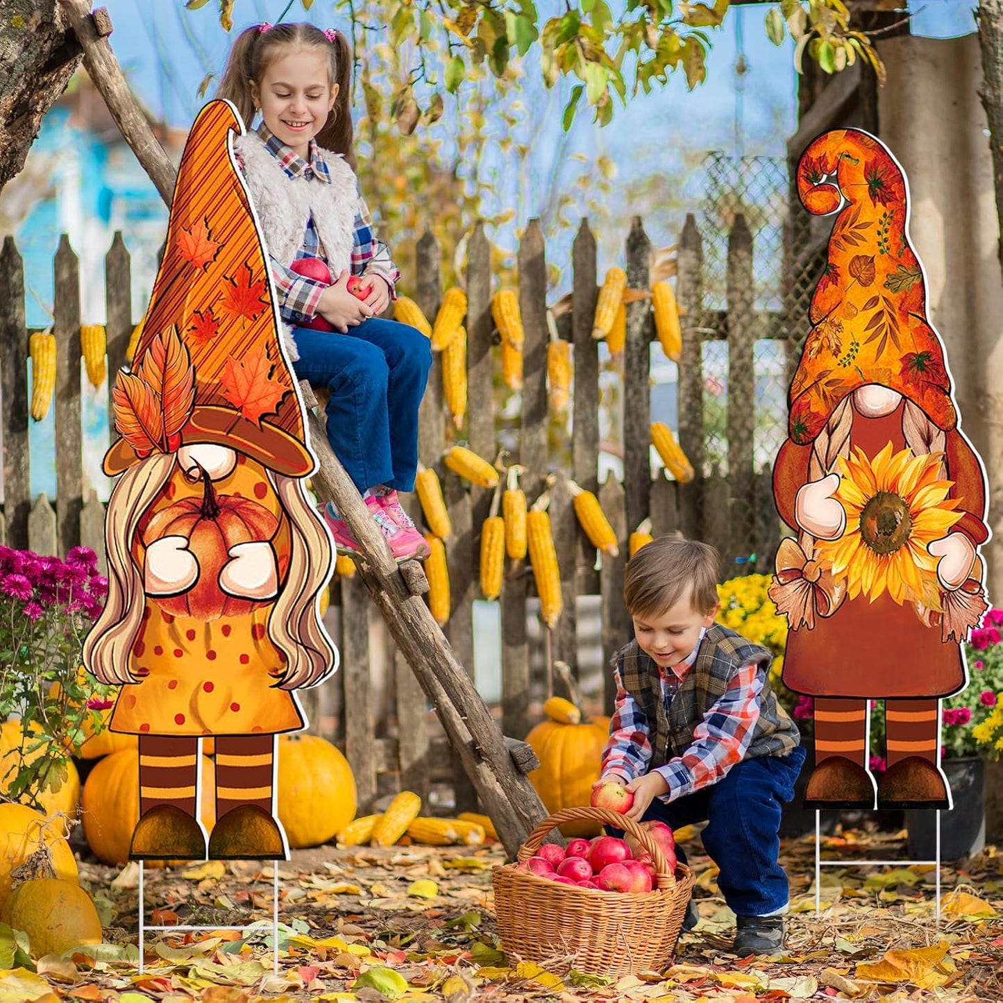 Set of 3 Autumn Gnome Yard Signs with Stakes - 32 x 10 Inches Outdoor Fall Garden Decor for Home Pathways and Walkways (Pumpkin Design)