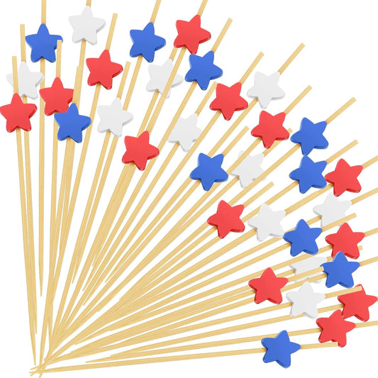 100PCS 4Th of July Cocktail Picks, Red White Blue Star Bamboo Toothpicks for Appetizers, 4.7 in Charcuterie Skewers Sticks for Fourth of July Party Supplies Independence Day Patriotic Decorations