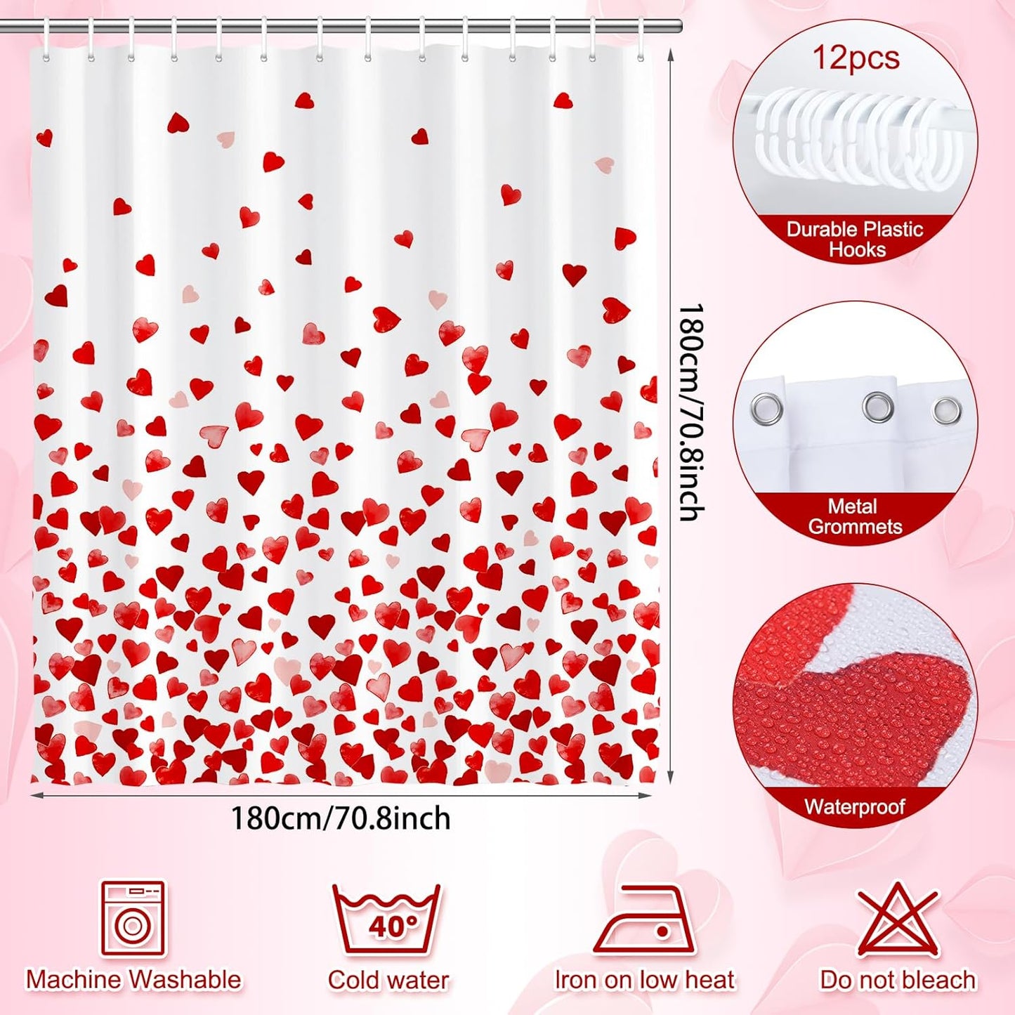 71 X 71 Inches Valentines Shower Curtain Bottom with Pink and Red Love Heart Romantic Bathroom Curtain Waterproof Polyester Curtain Hooks Set for Valentine'S Bathroom Decorations