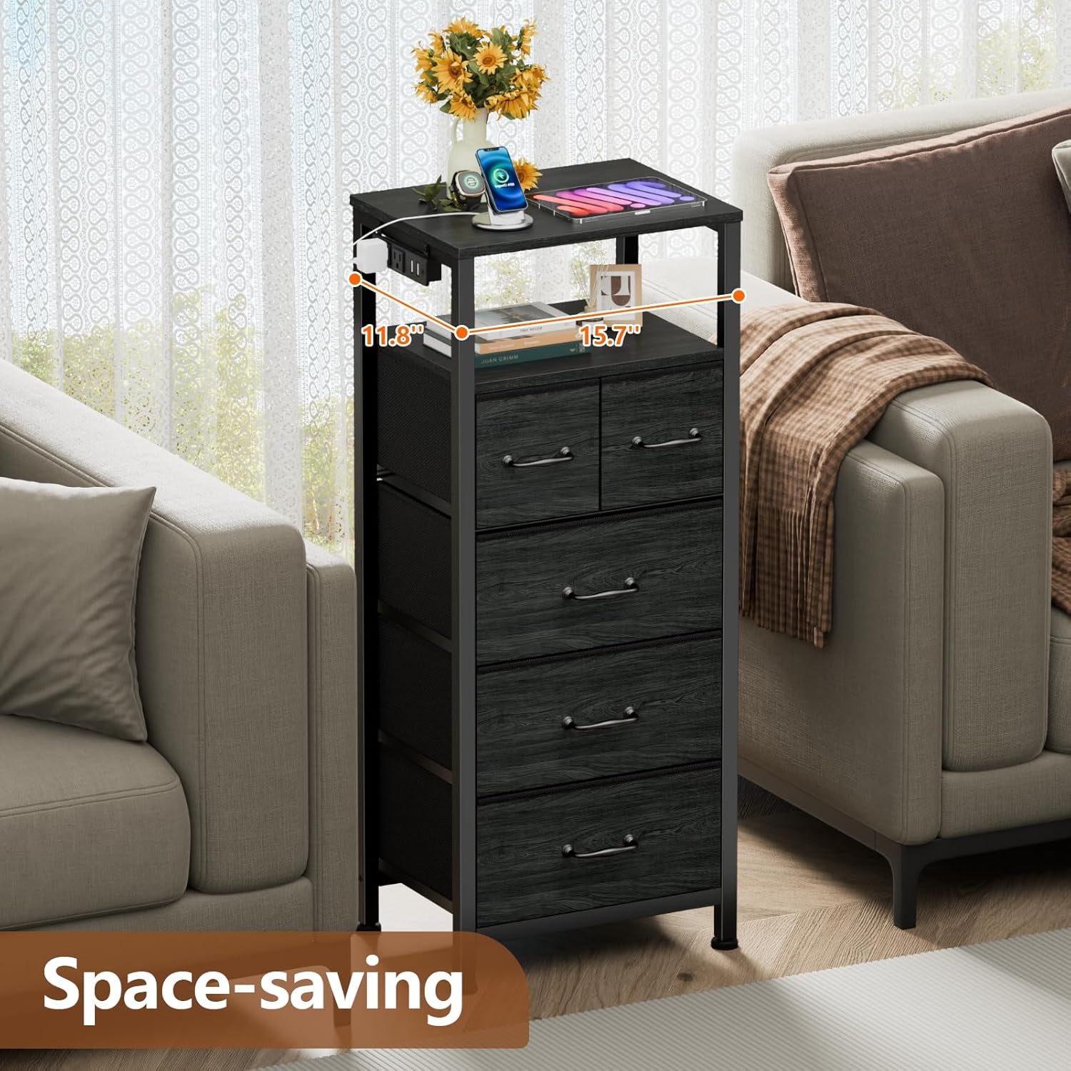 Elegant Black Oak Dresser and Nightstand with Charging Station, LED Lighting, and Fabric Bins - 5-Drawer Vertical Chest and Bedside Table for Bedroom and Entryway