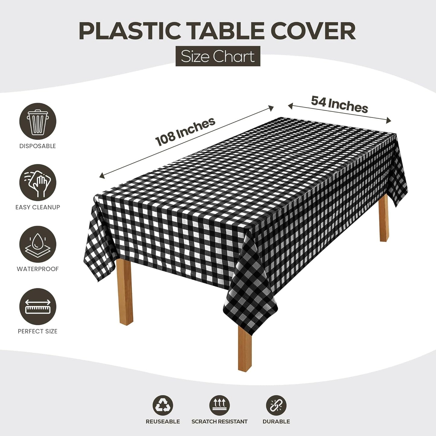 Plastic Table Cloth Disposable (12 Pack - 54X108 Inch) Black Check Rectangle Tablecloth Waterproof Stain Resistant Party Table Cover