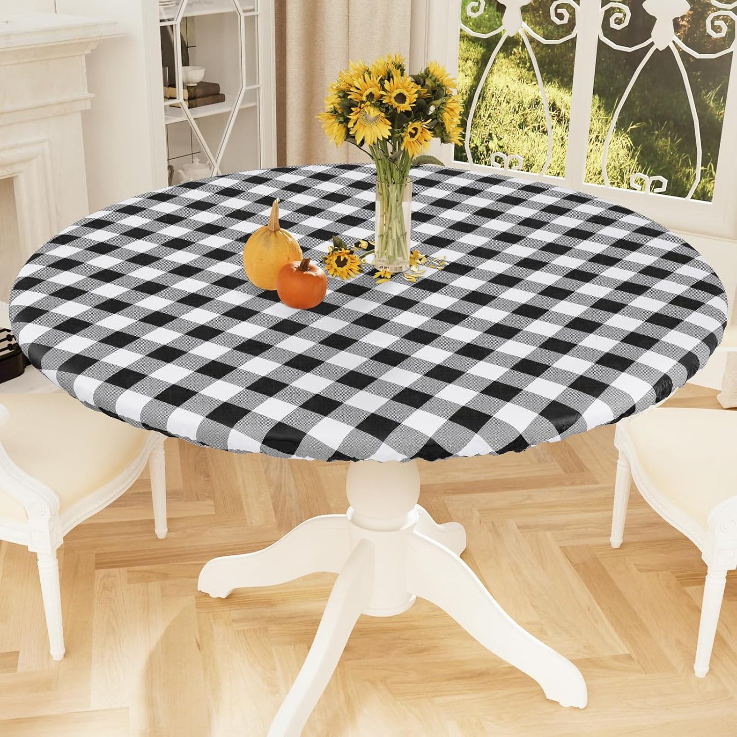 round Picnic Tablecloth, Elastic Waterproof Fitted Vinyl Tablecloths for 36"-44" Tables, Flannel Backed Buffalo Plaid Table Cover for Dining, Camping, Outdoor, Black and White