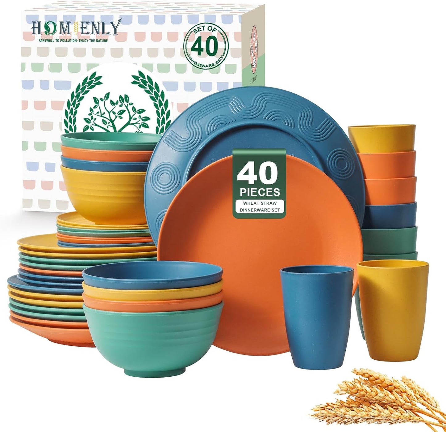 40-Piece Premium Wheat Straw Dinnerware Set for 8 - Unbreakable Plates, Bowls, and Cups - Dishwasher and Microwave Safe Kitchen Dishes - Multi-Color