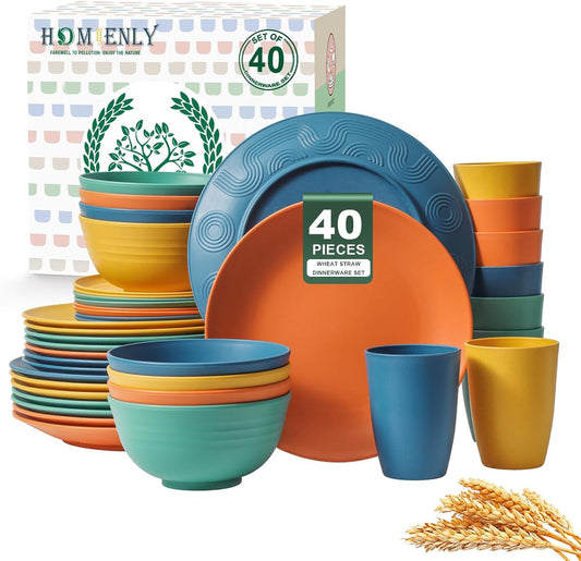 40-Piece Premium Wheat Straw Dinnerware Set for 8 - Unbreakable Plates, Bowls, and Cups - Dishwasher and Microwave Safe Kitchen Dishes - Multi-Color