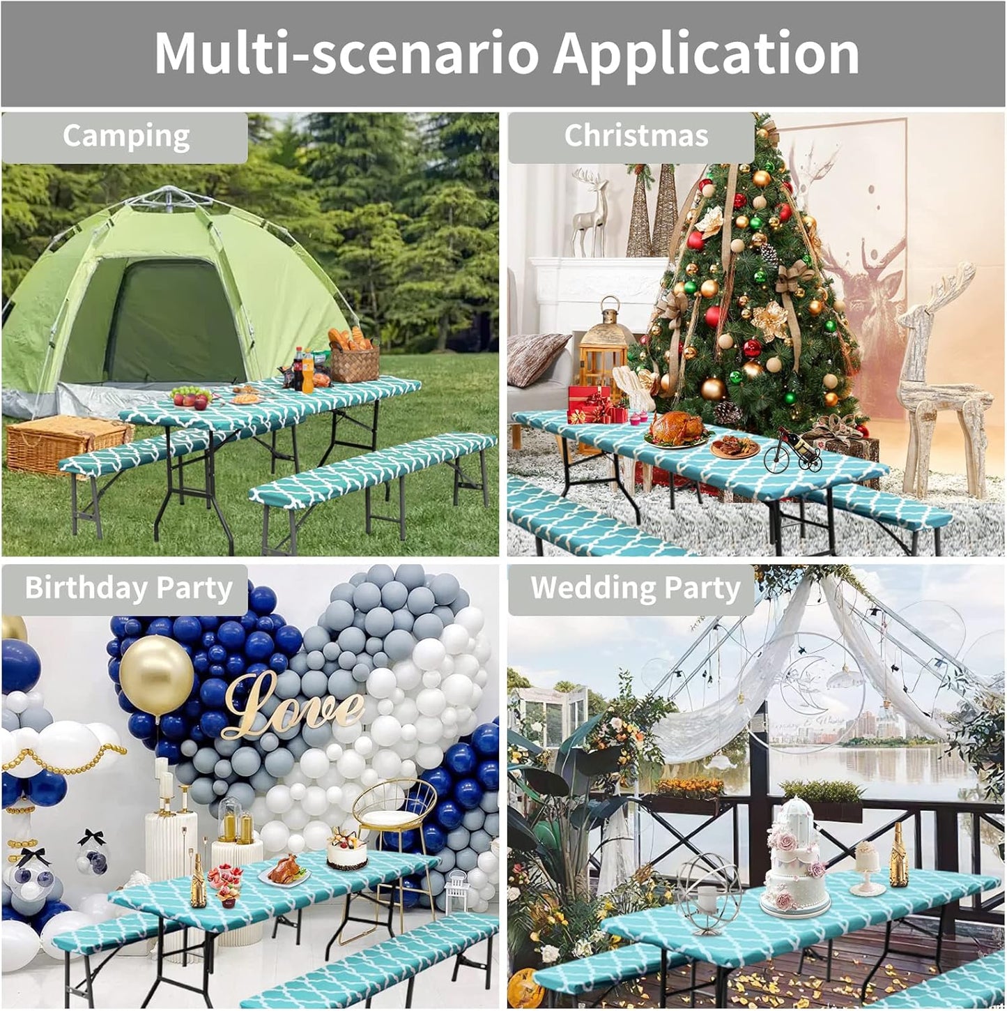 100% Waterproof Picnic Outdoor Tablecloth with Bench Covers Fit 6 Foot Rectangle Table, 3-Piece Set Camping Table Cover with Seat Covers (30X72 In, Moroccan/Teal & White)