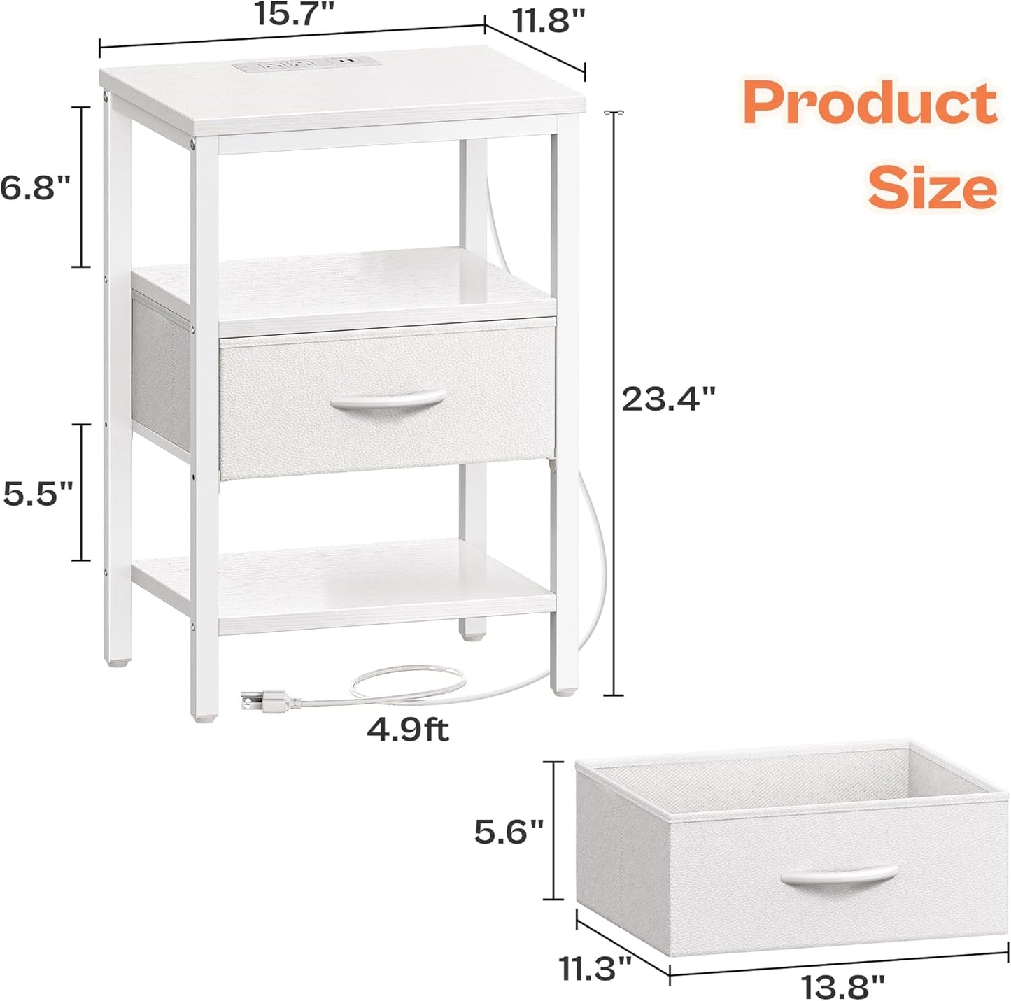 White Nightstand with Charging Station and Adjustable Fabric Drawer, 3-Tier Storage End Table for Bedroom and Living Room