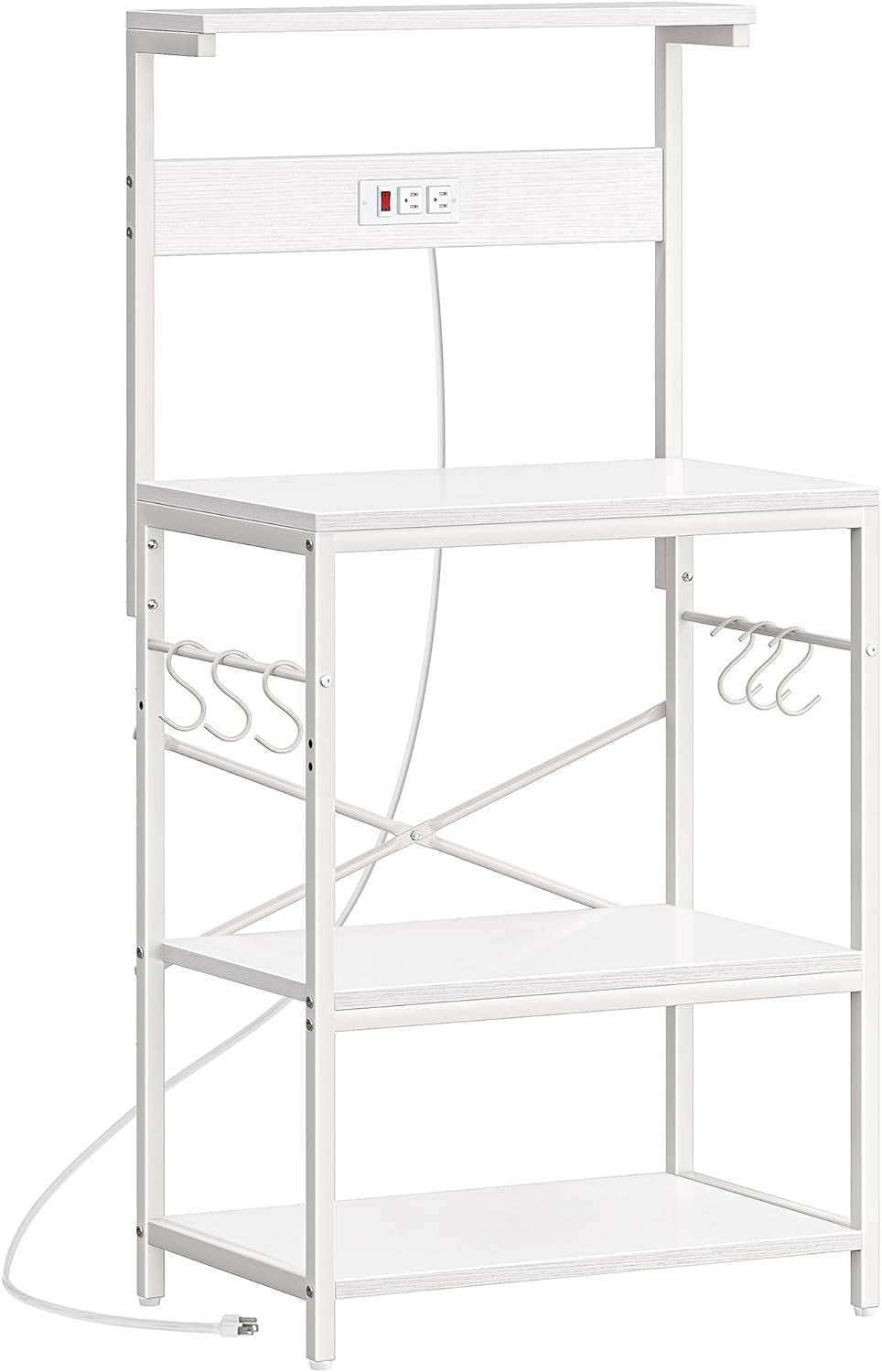 Professional Kitchen Bakers Rack with Power Outlet, 4-Tier Coffee Bar Table, Microwave Stand with 6 S-Shaped Hooks, Storage Shelf for Spices, Pots, and Pans - White