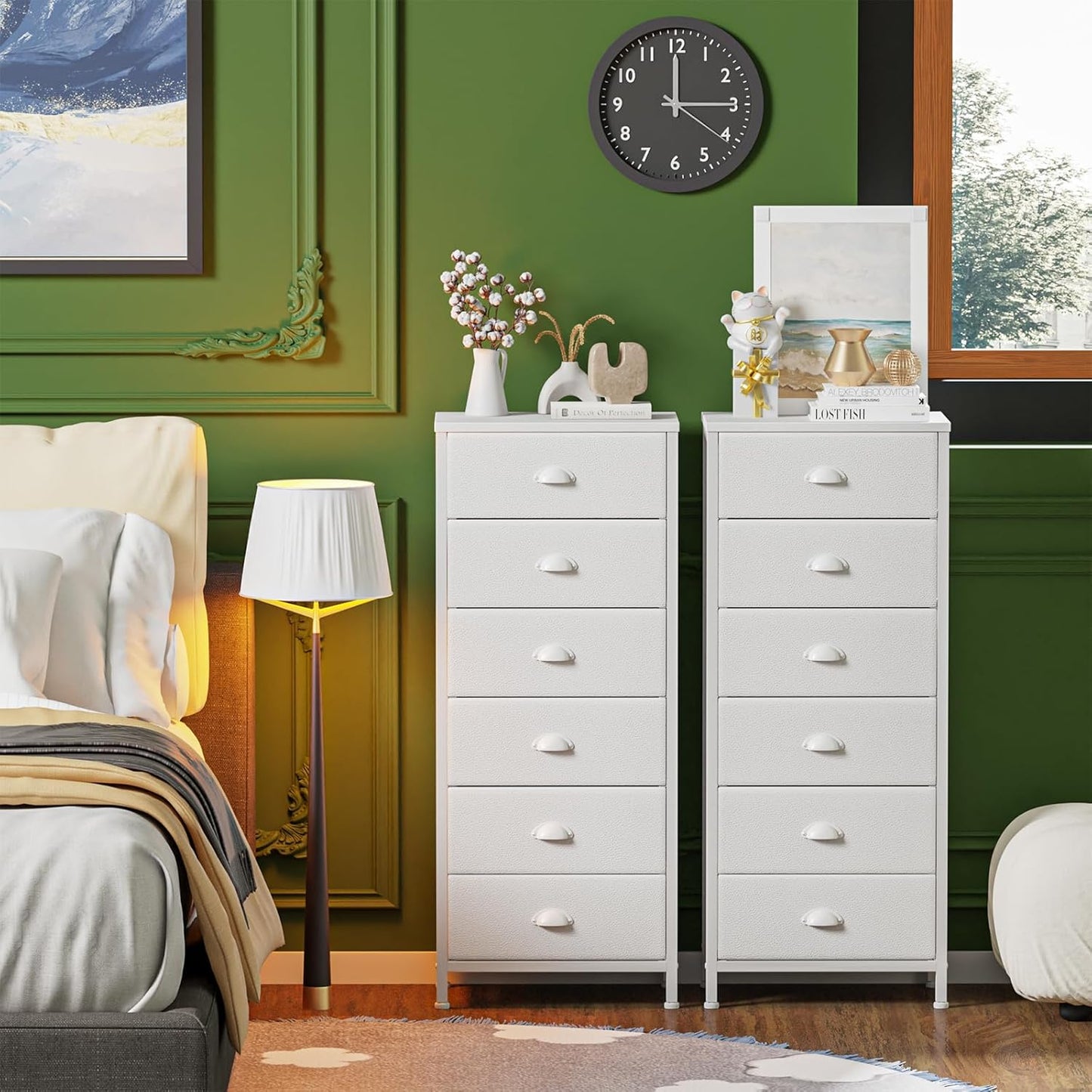 White Vertical Tall Dresser with 6 Fabric Drawers - Versatile Storage Tower and Nightstand for Bedroom, Living Room, Closet, Entryway, and Hallway