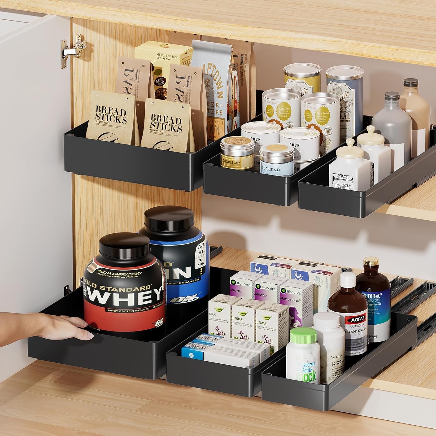 3 Pack Pull Out Cabinet Organizer, 15.7" Deep Pull Out Drawers for Cabinets, Slide Out Drawers for Kitchen Cabinets, Bathroom Cabinet Organizer, Pantry (Black)