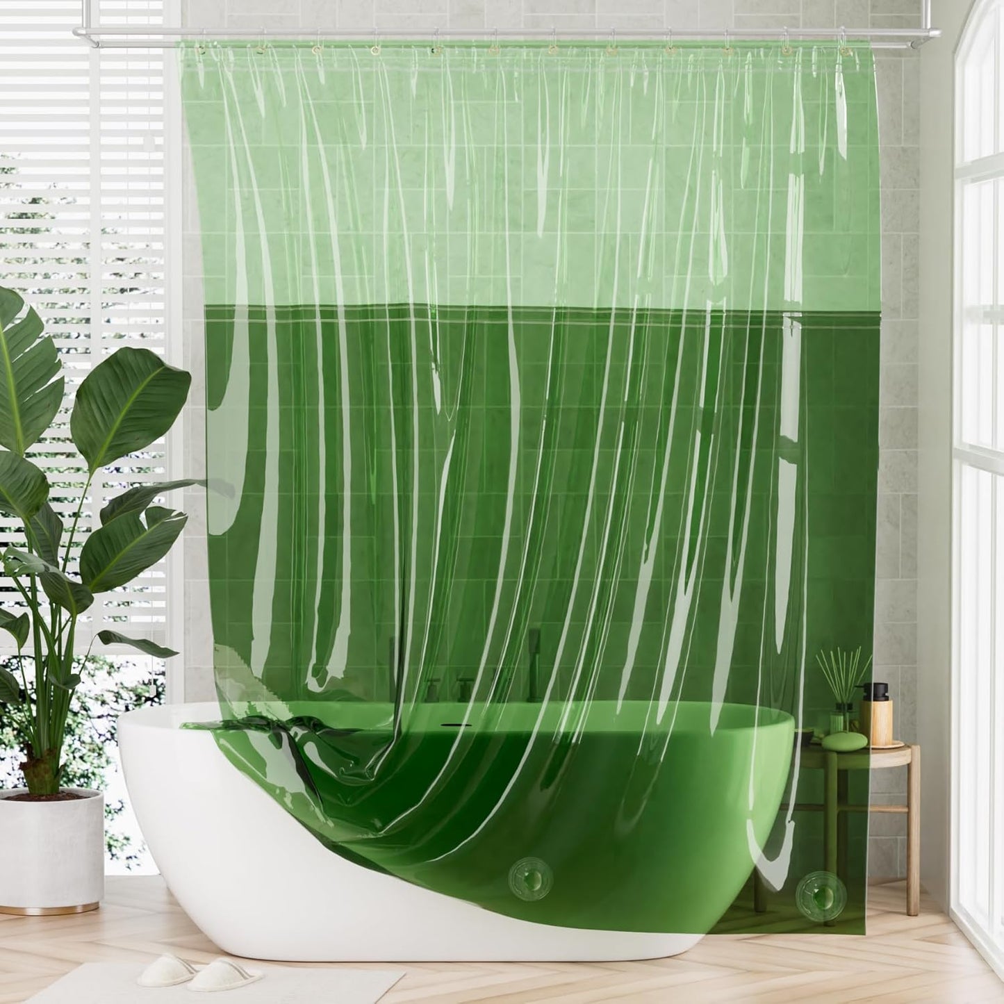 100% EVA Shower Curtain Liner, 72 X 72 Inches Heavy Duty Shower Curtain and Liner 2-In-1 with 3 Clear Stones and 12 Brass Grommets, Color Block Soft Shower Liner - Mint Green & Pine Green