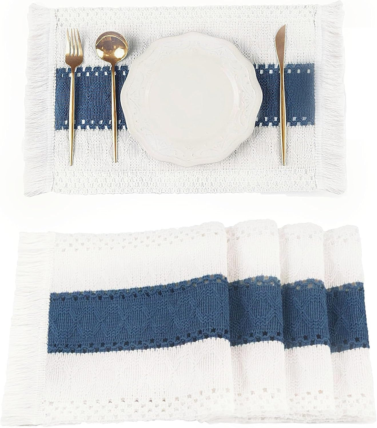 Blue Boho Placemats Set of 4, Macrame Table Decor and Farmhouse Style Placemats Natural Cotton Burlap, for Dining Table, Blue