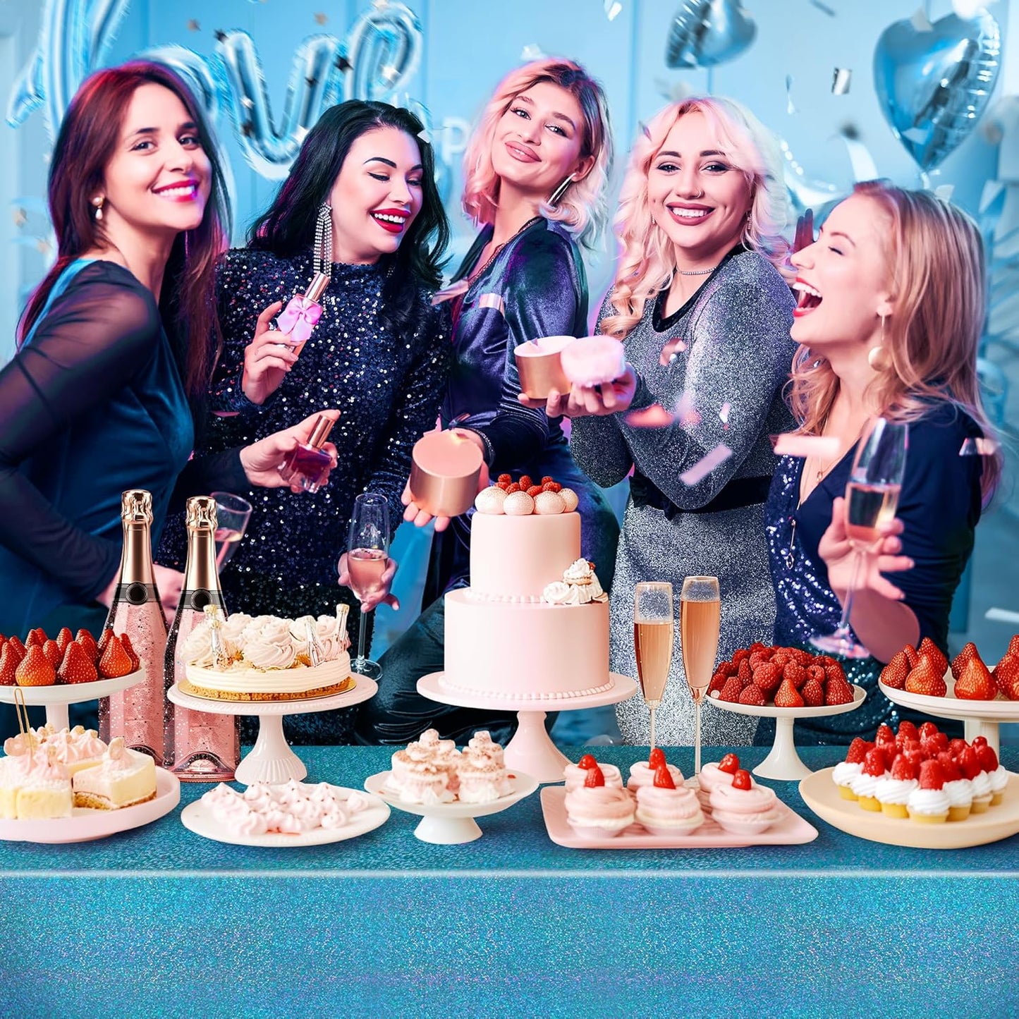 Set of 2 Blue Holographic Foil Tablecloths, 54x108 Durable Table Covers for Elegant Events, Ideal for Parties, Weddings, and Showers