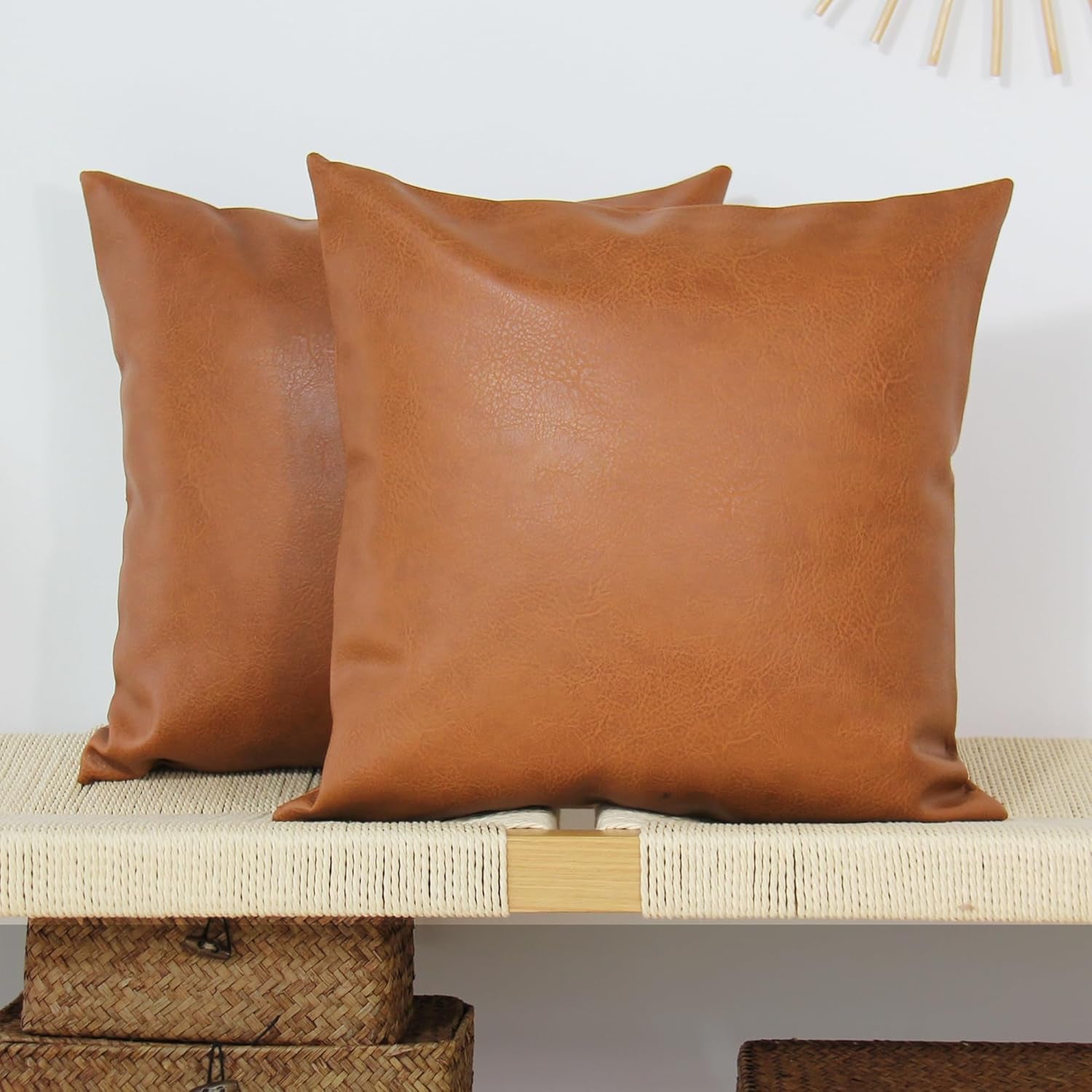 Faux Leather Throw Pillow Covers 20X20 Inch Set of 2 Decorative Modern Boho Farmhouse Pillowcases for Couch Sofa Bed