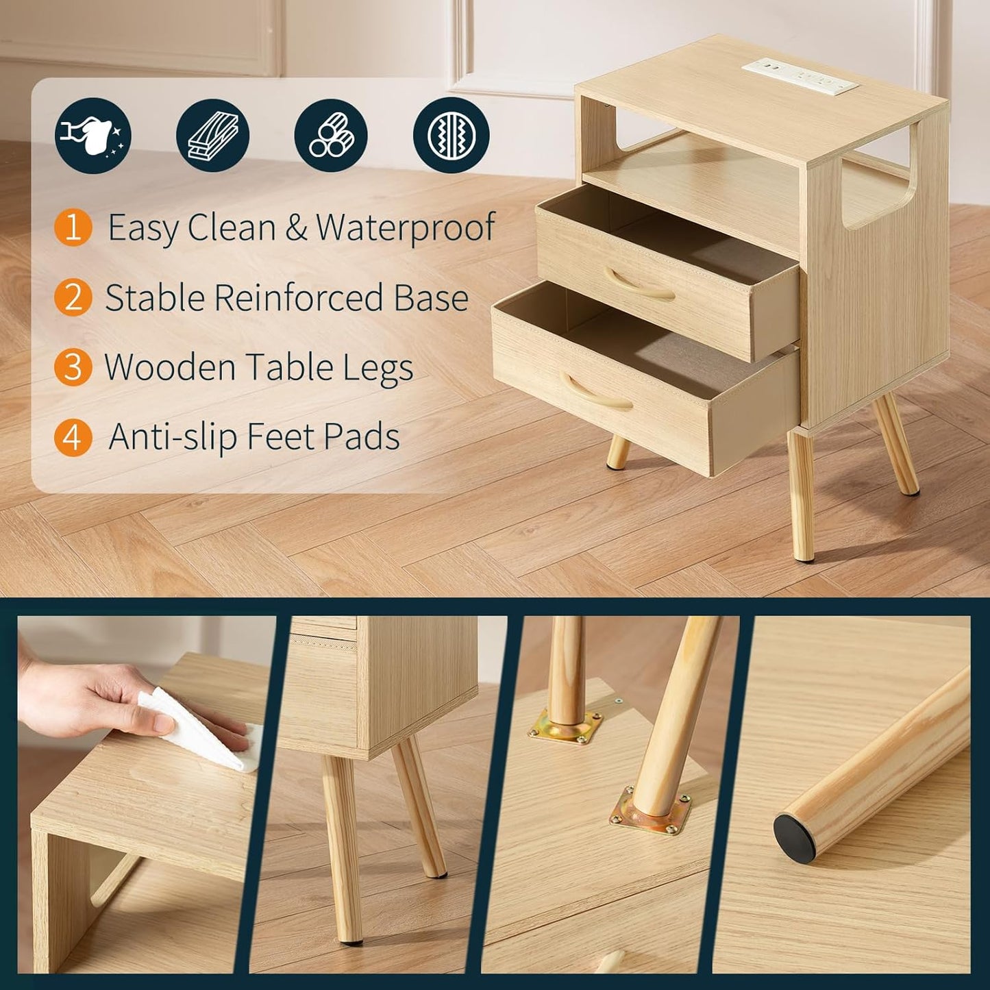 LED Night Stand with Charger Station, Mid Century Modern Nightstand with Fabric Drawers, Bedside Table Nightstands with Storage Shelf, Bed Side Table Small Night Stands for Bedroom Living Room