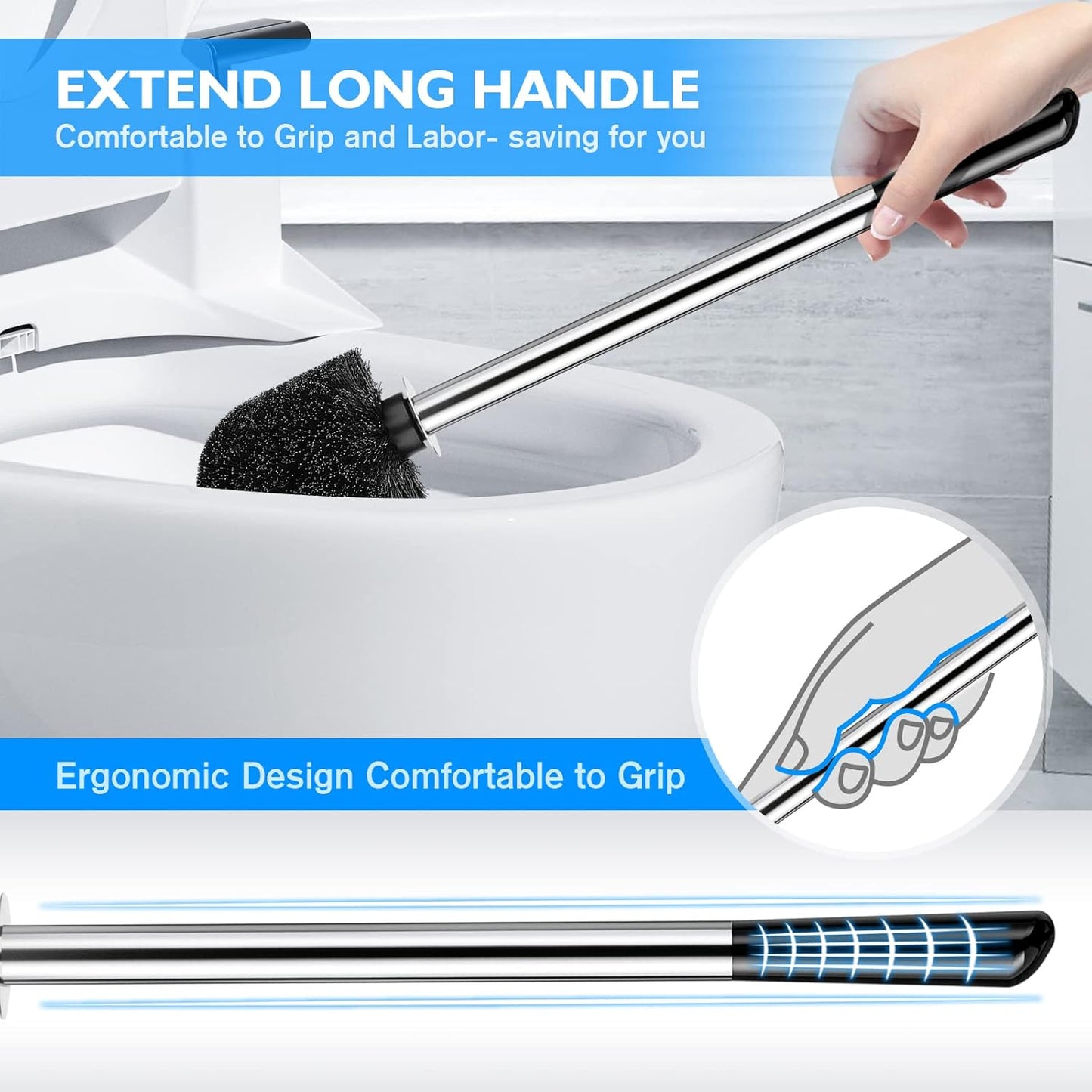 Toilet Brush and Holder Set, 304 Stainless Steel with Ergonomic Extended Handle - Durable and Practical Bathroom Cleaning Solution