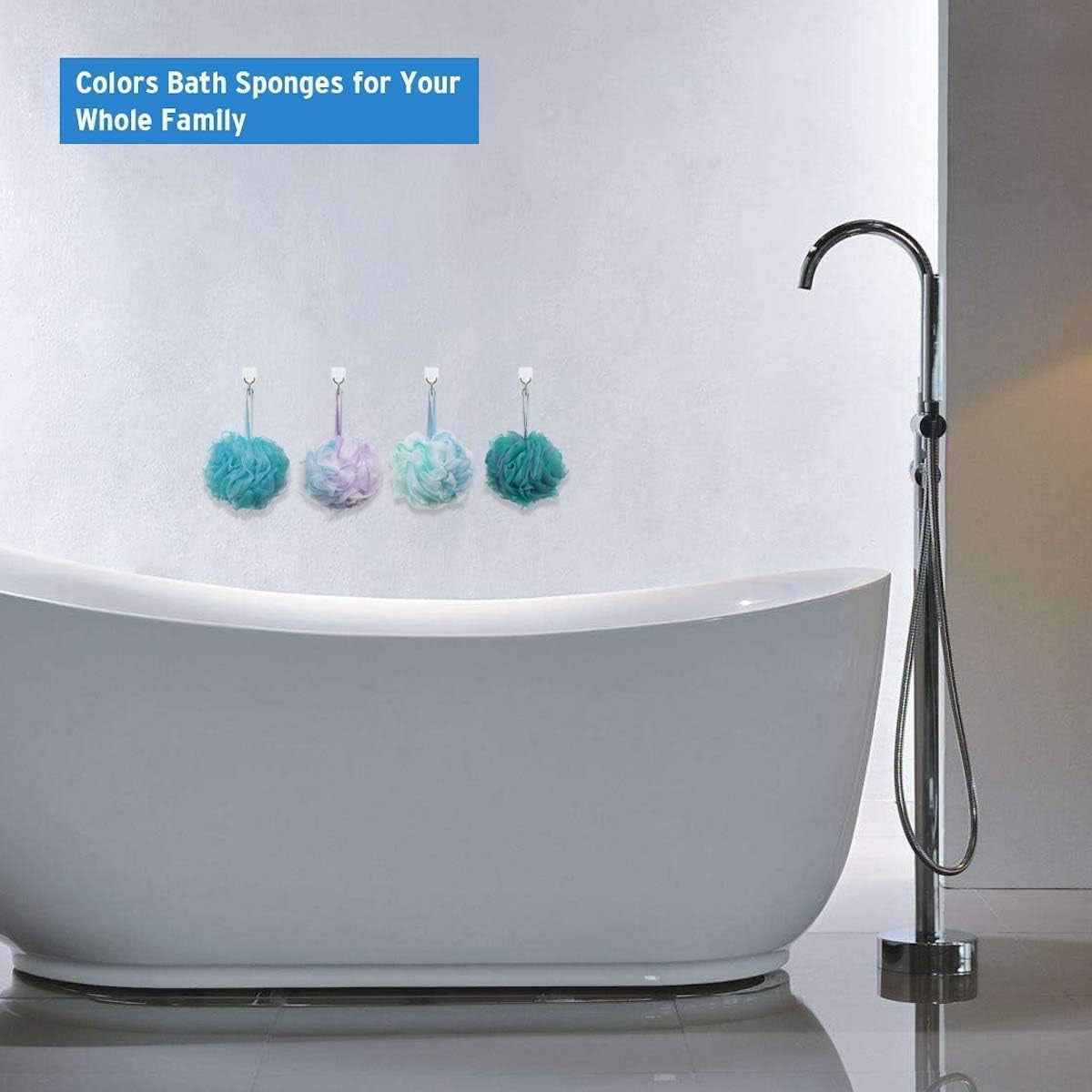 75G/Pcs Set of 4 Flower Color Shower Bath Sponge and 72 X 72 Inches EVA 8G Plastic Shower Curtain with Heavy Duty Clear Stones and 12 Grommet Holes