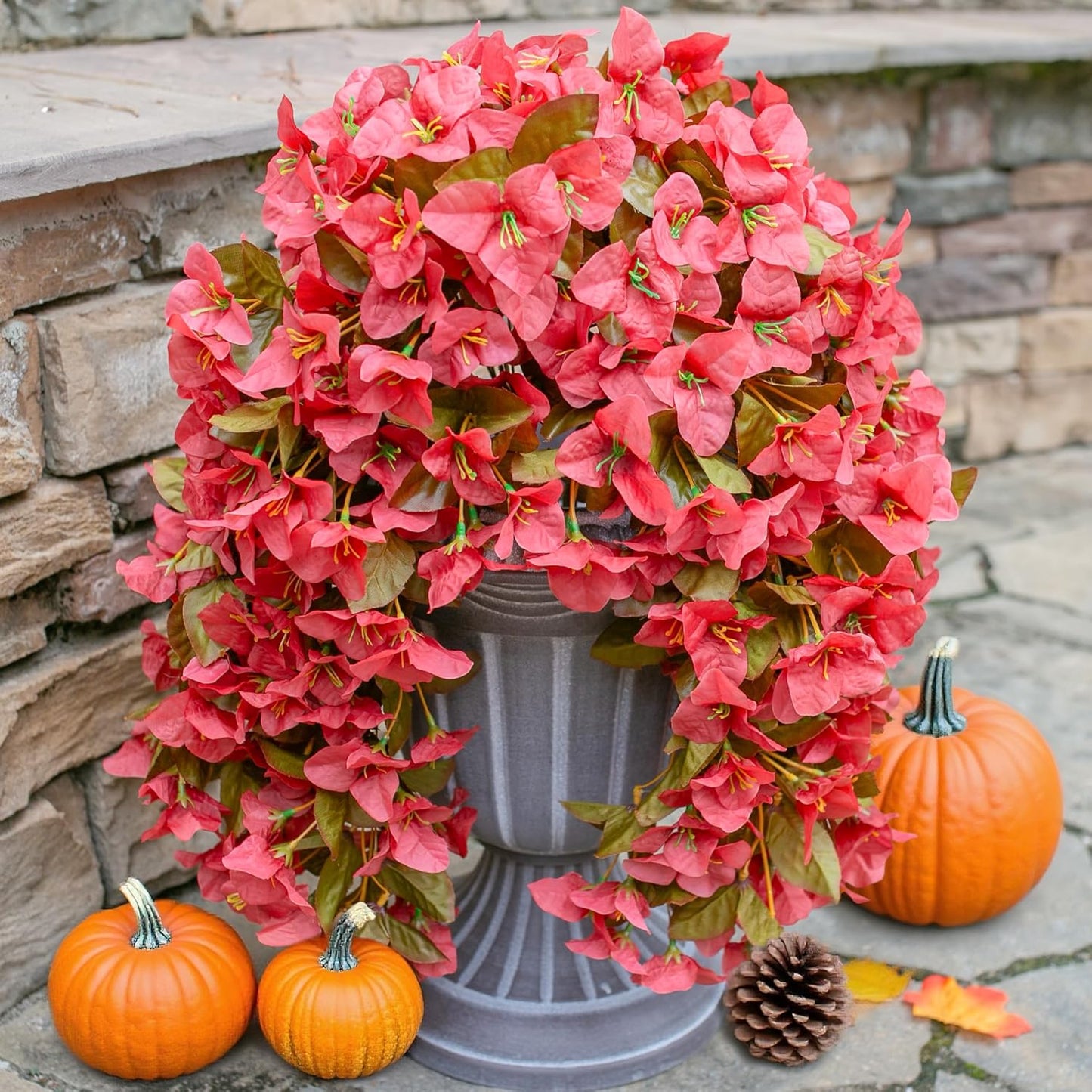 Bougainvillea Artificial Fall Hanging Flowers Plants for Outdoors Autumn Decoration, 2Pcs Faux Bougainvillea Vines Red Fake Flowers Realistic UV Resistant Silk Flowers for outside Planter Yard Home