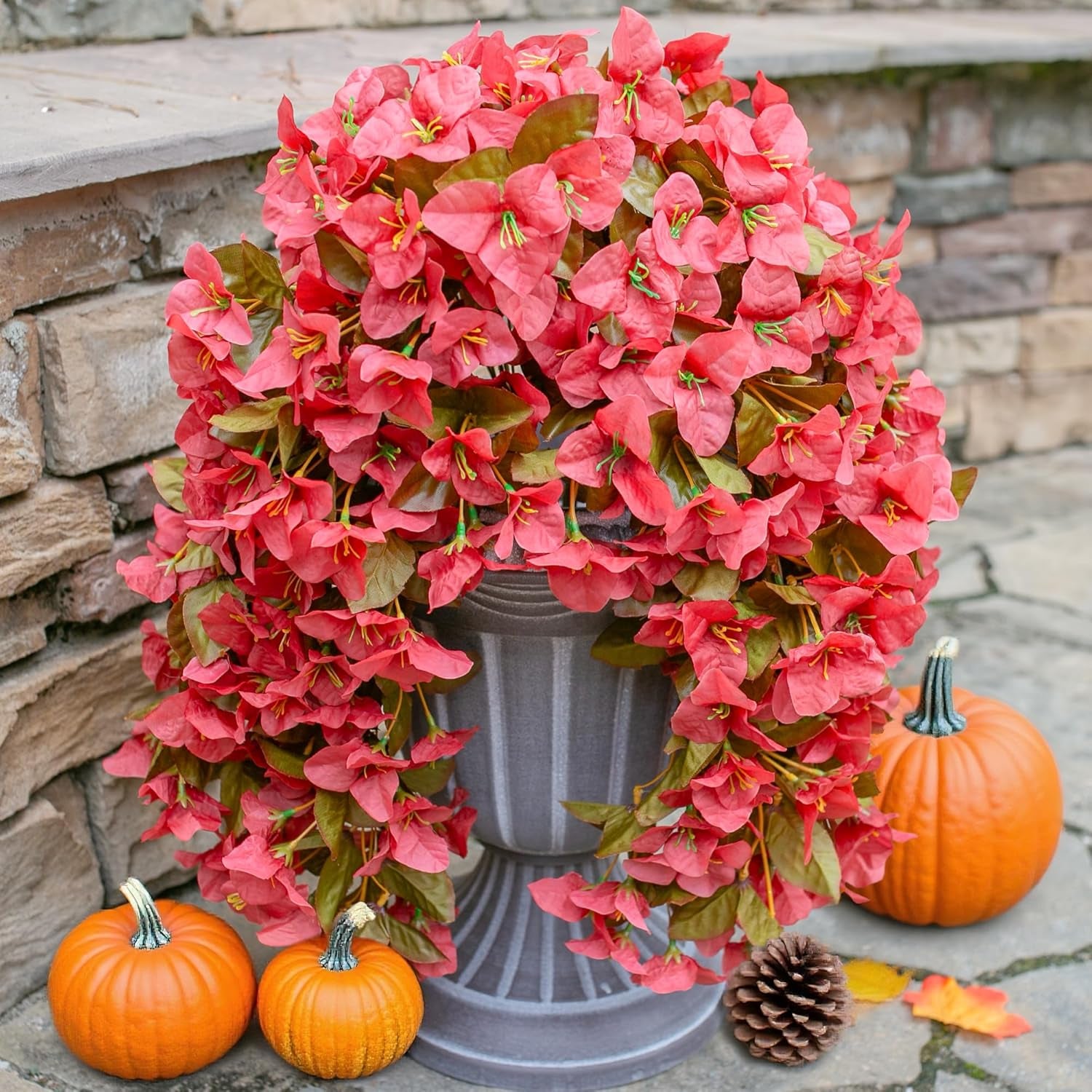 Bougainvillea Artificial Fall Hanging Flowers Plants for Outdoors Autumn Decoration, 2Pcs Faux Bougainvillea Vines Red Fake Flowers Realistic UV Resistant Silk Flowers for outside Planter Yard Home