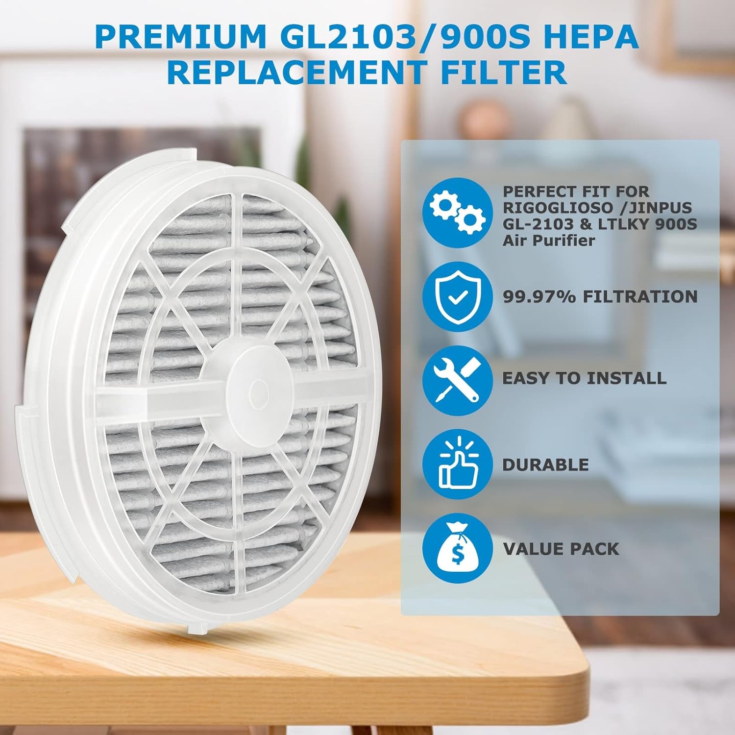 GL2103 Replacement Filter Set for RIGOGLIOSO, JINPUS, and LTLKY Air Purifiers - 2-in-1 HEPA and Activated Carbon Filters (3-Pack)