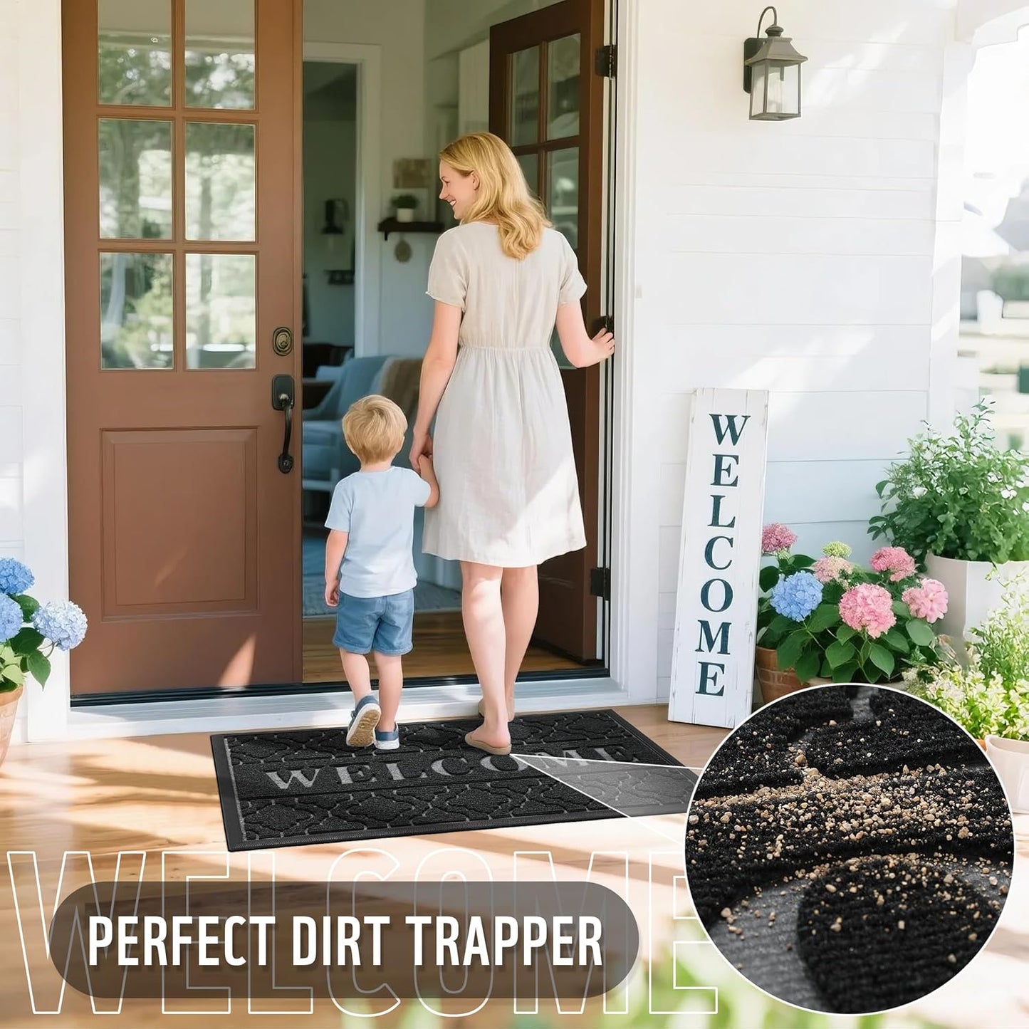 Welcome Mat Outdoor Indoor 29.5X17, All-Weather Waterproof Front Door Mat outside Entrance, Non-Slip Low Profile Porch Patio Doormat, Black