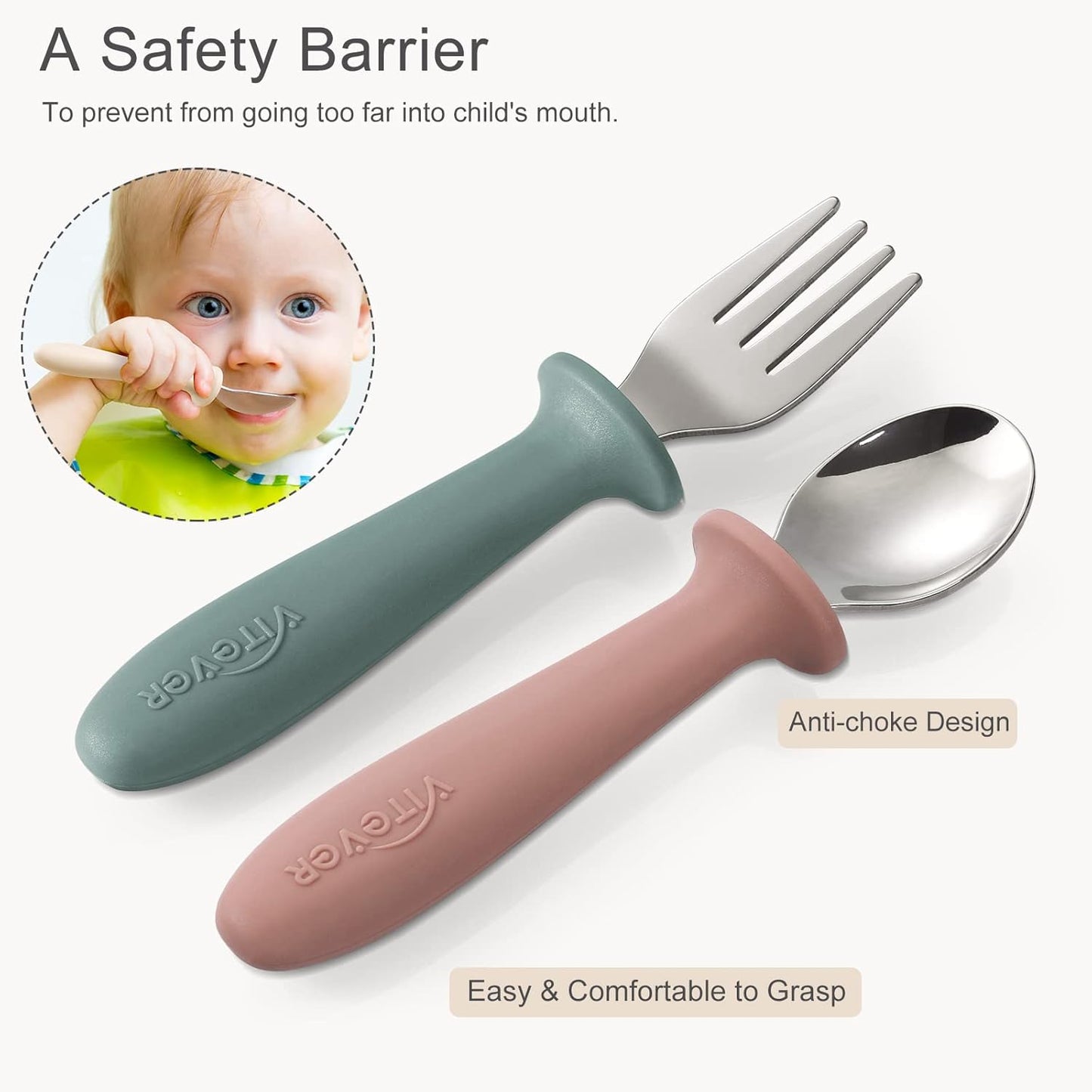 6 Pieces Toddler Utensils, Kids Silverware Set with Silicone Handle, Children Safe Spoons and Forks, 18/8 Stainless Steel, Food-Grade Silicone - Dishwasher Safe