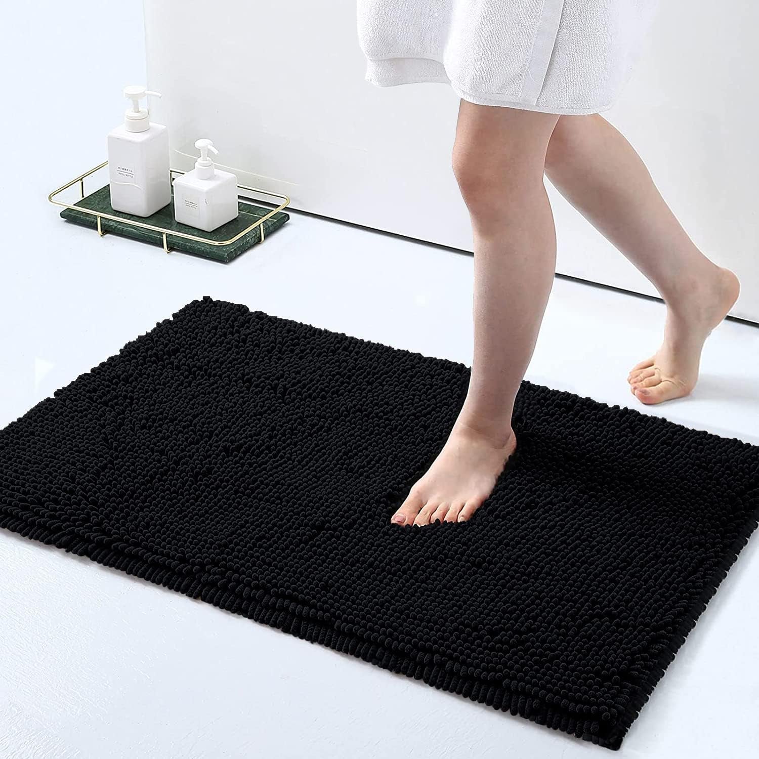 Bath Rug and Dog Door Mat Set, Luxury Chenille Bath Rug (Black 30X20) and Classic Dog Door Mat for Muddy Paws (Black 30X20)