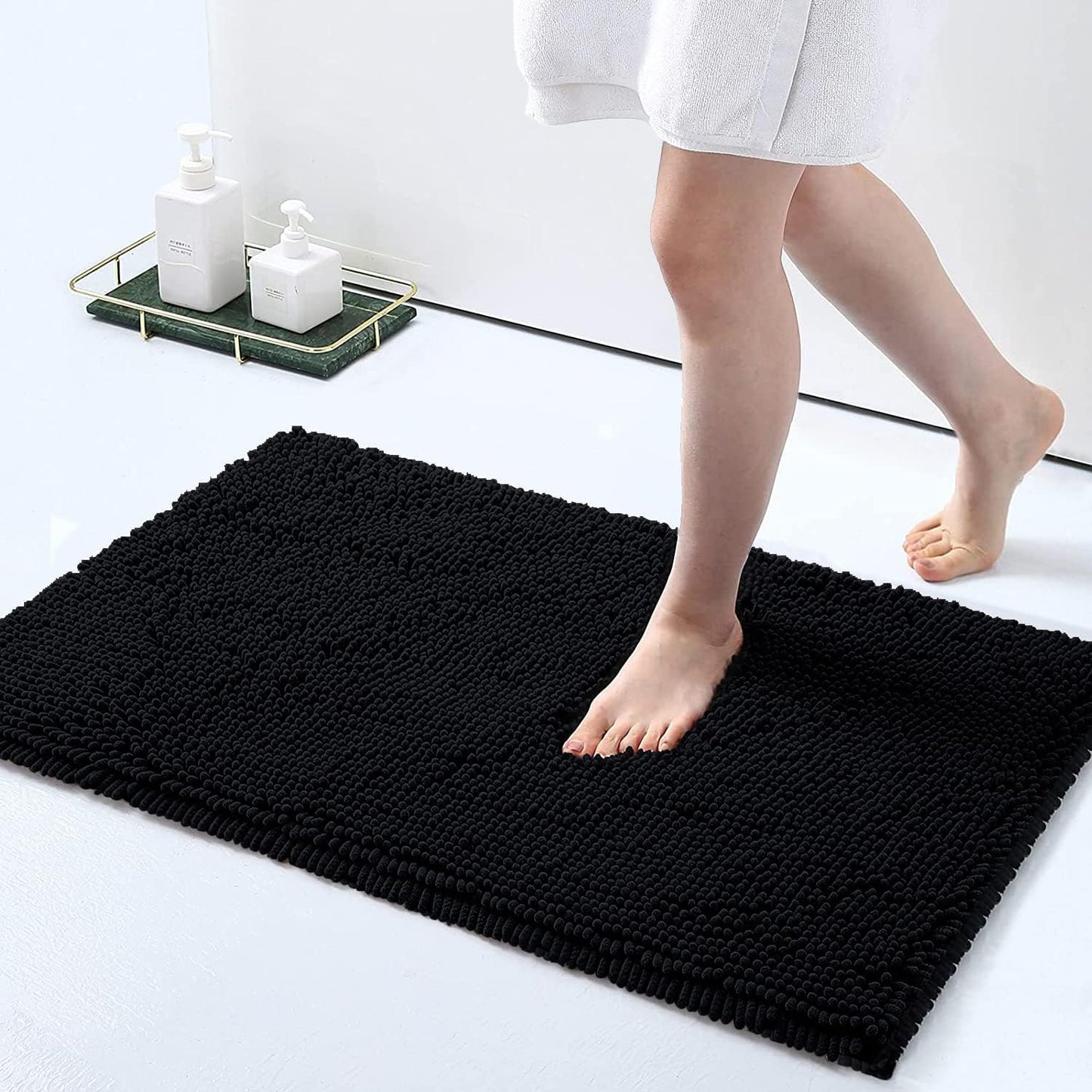 Bath Rug and Dog Door Mat Set, Luxury Chenille Bath Rug (Black 30X20) and Classic Dog Door Mat for Muddy Paws (Black 30X20)