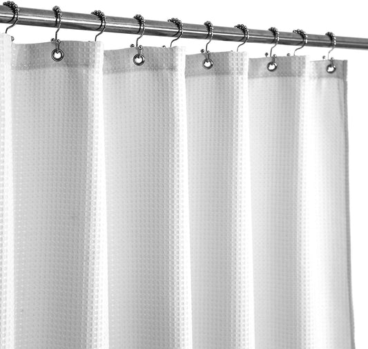 Waffle Weave Stall Fabric Shower Curtain 32 Inches Narrow Size, Hotel Luxury Spa, 230 GSM Heavy Duty, Water Repellent, White Spa Pique Pattern Decorative Bathroom Curtain, 32X72