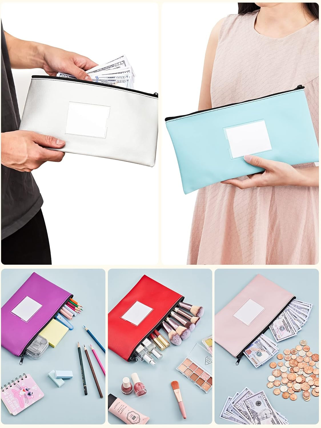 5-Pack Money Bags with Zipper, PU Leather Bank Deposit Bags, Waterproof Money Pouch for Organize Cash, Coins, Cosmetics, Invoice, Bills, Tools, 11.5 X 6.2 Inches, Light Colors