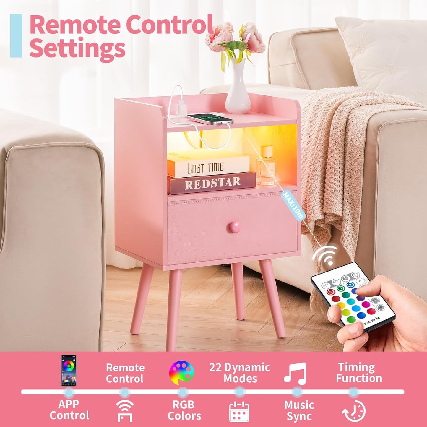 Nightstand with Charging Station, Modern Night Stand with LED Lights, Wood Nightstands with Fabric Drawer & Storage Shelf, Night Stands Bedside Table with USB Ports for Bedroom, Office, Home