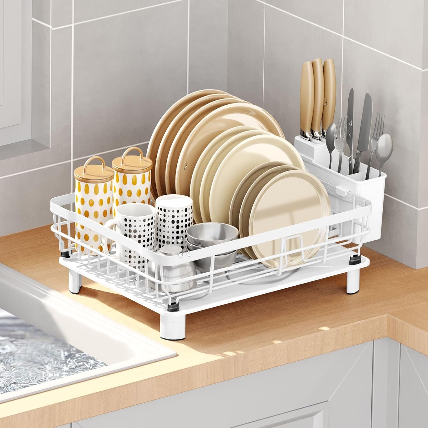 Dish Drying Rack over the Sink Dish Drainer with Drainboard Utensil Holder, 1-Tier White