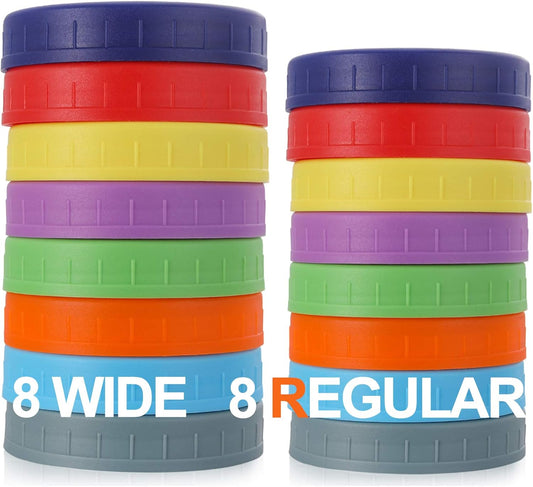 16 Pack Plastic Mason Jar Lids Fits Ball, Kerr & More - 8 Wide Mouth & 8 Regular Mouth - Colored Storage Caps for Canning Jars, Dishwasher Safe & Food Grade & Leakproof