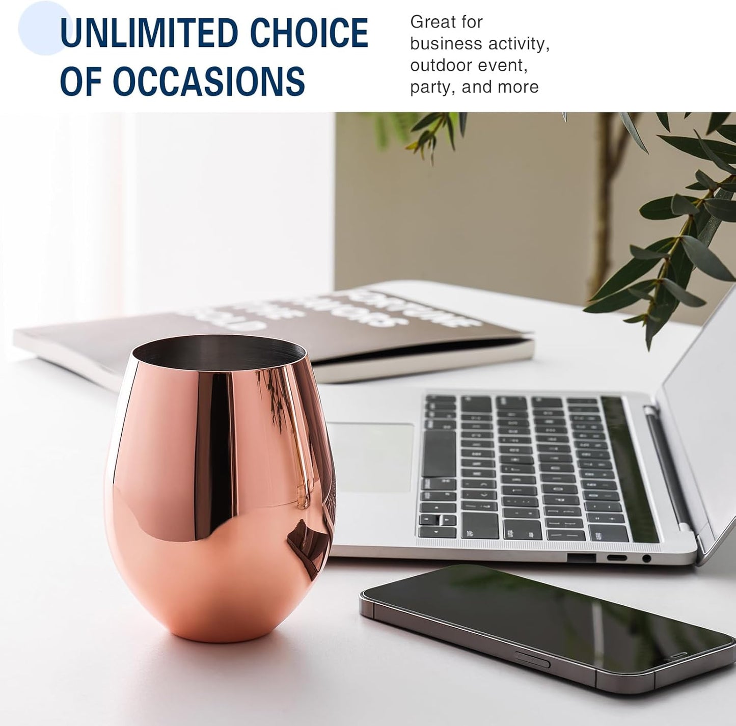 Rose Gold Wine Glasses Set of 4, 18Oz Copper Wine Glasses, Stemless Stainless Steel Wine Glasses, Unbreakable Metal Wine Glass for Outdoor, Travel, Camping, Ideal Wine Accessories Gift