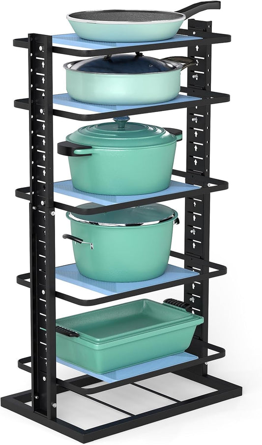 Pots and Pans Organizer for under Cabinet, 6-Tier Heavy Duty Adjustable Pan Pot Organizers inside Cabinet, Pot Rack for Kitchen Cabinet Organizers and Storage Black Holds 66 Lbs