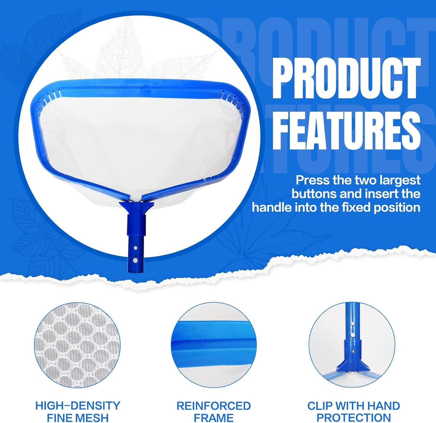Pool Skimmer Net,Fine Mesh Pool Nets for Cleaning with Double-Layer Deep Bag,Aluminum Frame Wrapped Mesh Header for Cleaning Leaf, Debris(No Pole)