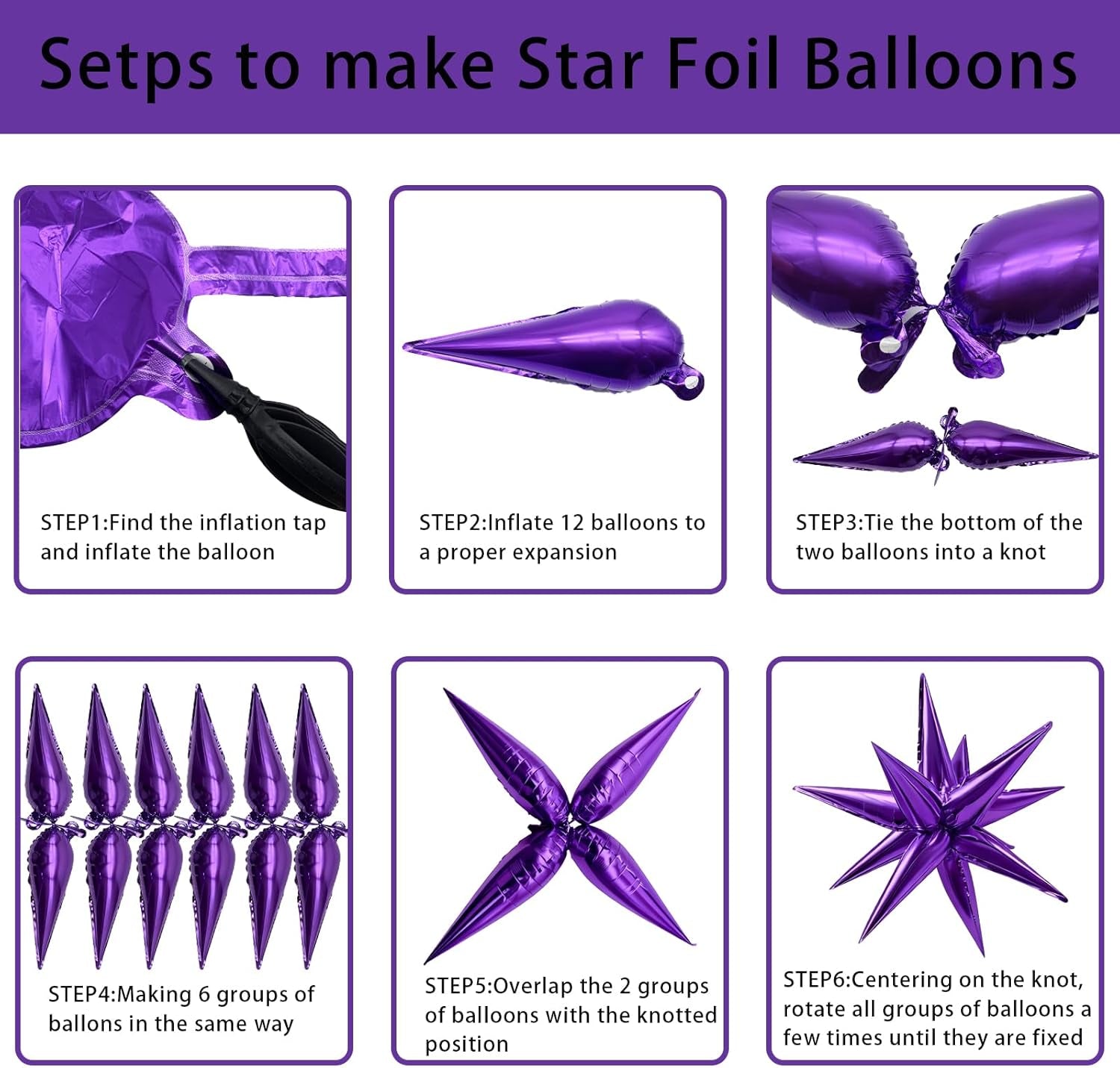 Purple Balloons Mylar Star Balloon 60Pcs Foil Spike Balloons Explosion Large Prom Ballons for Birthday Halloween Bachelorette Anniversary Wedding Engagement Party Decorations