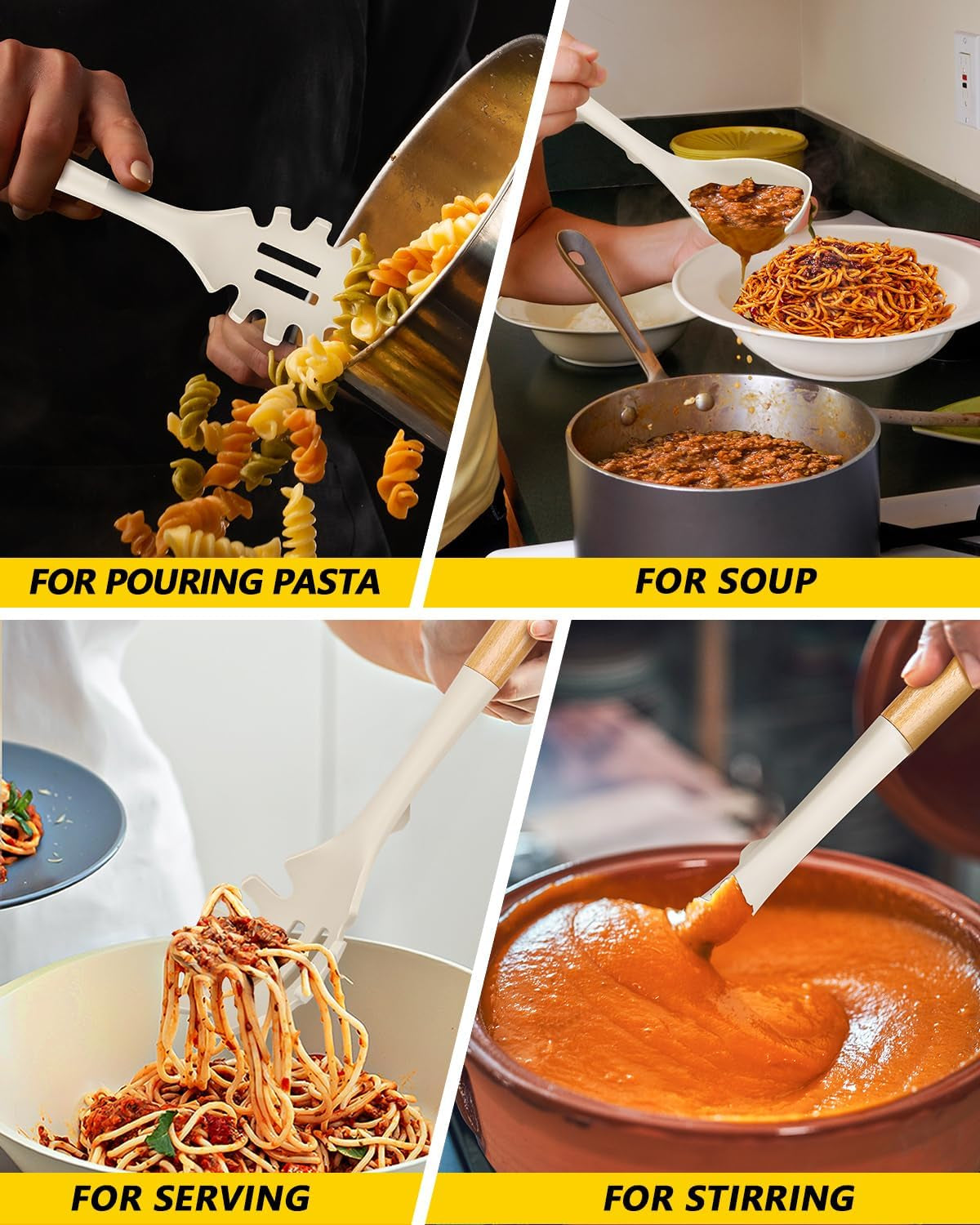 Silicone Soup Ladle and Spaghetti Spoon Set with Wooden Handle, Non Stick Heat Resistant Kitchen Utensils for Cooking, Stirring, Serving Pasta, Soup & Sauce(Khaki)