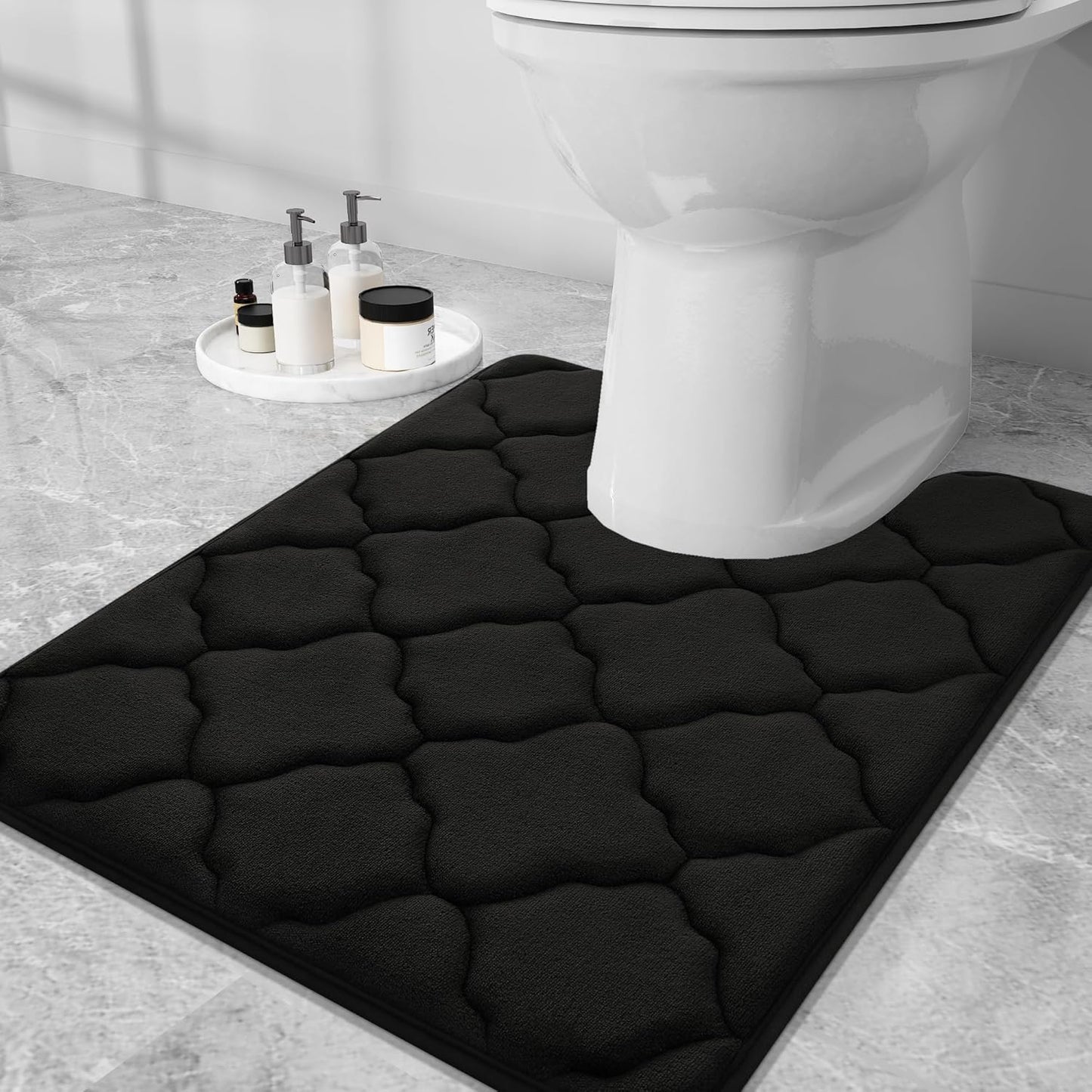 Memory Foam Bath Rug and Toilet Rug U-Shaped, Bath Rug Size 32X20 and Toilet Rug Size 24X20 in Black, 2 Item Bundle