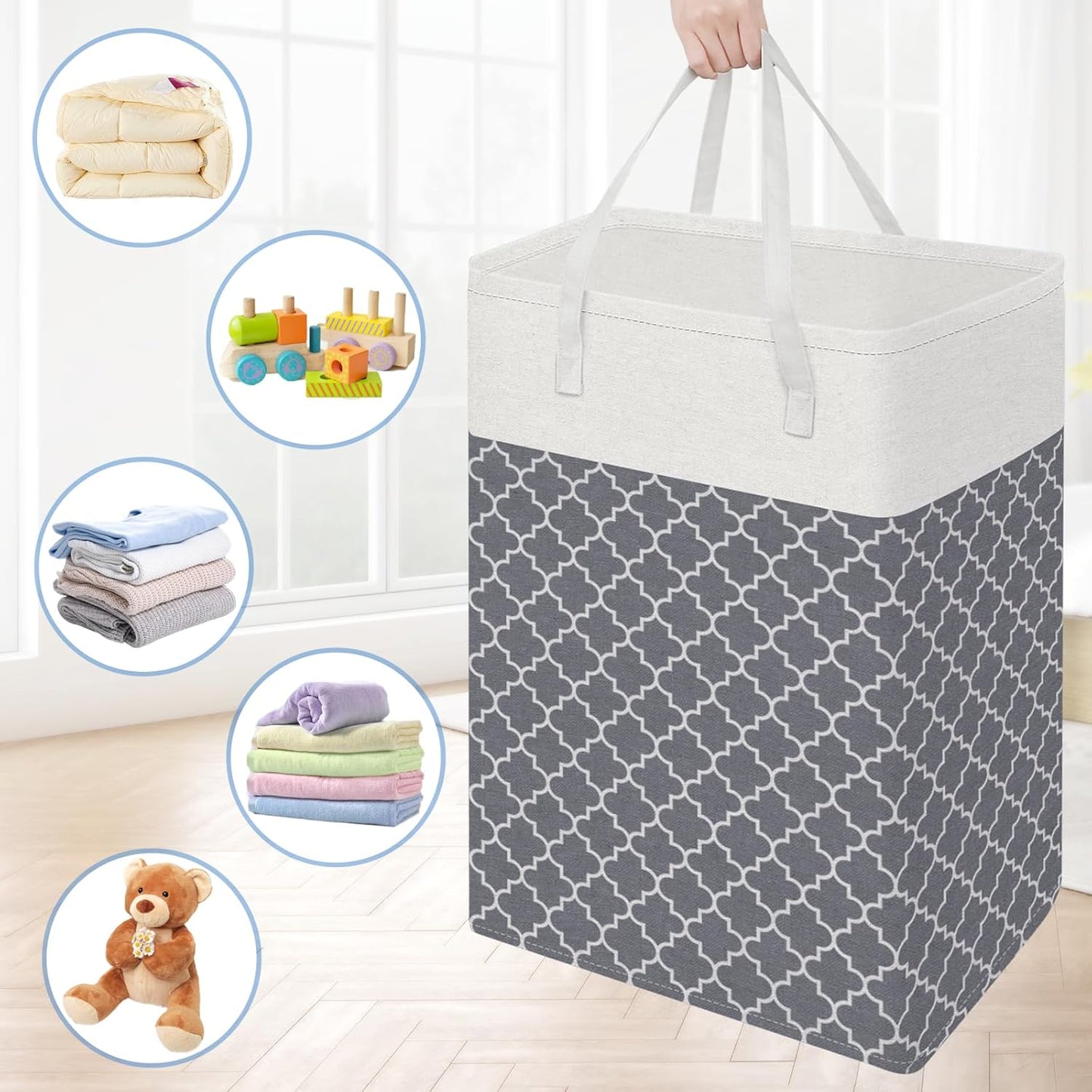 3-Pack Freestanding Waterproof Laundry Hamper, Collapsible Tall Clothes Basket with Easy Carry Handles for Family and Dorm Use, Clover Grey, 75L