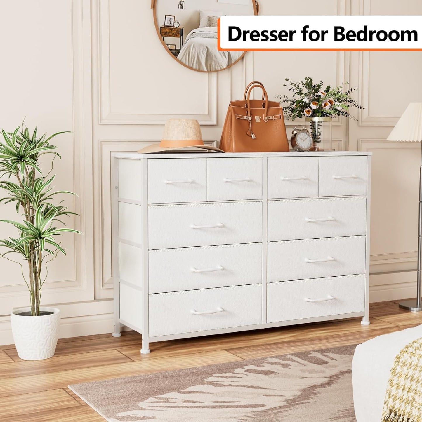 White Bedroom Dresser for 55” TV Stand - Entertainment Center with 10 Fabric Storage Drawers, Sturdy Metal Frame Tall Storage Cabinet for Living Room and Entryway