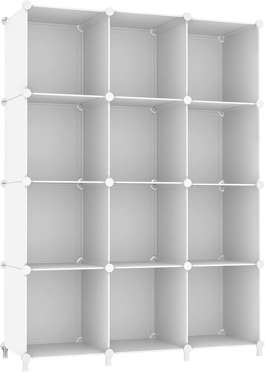 Cube Storage Organizer Storage 12 Cube Bookshelf DIY Plastic Closet Clothes Storage Shelves with Wooden Mallet, Stackable Storage Solution for Home, Bedroom, White