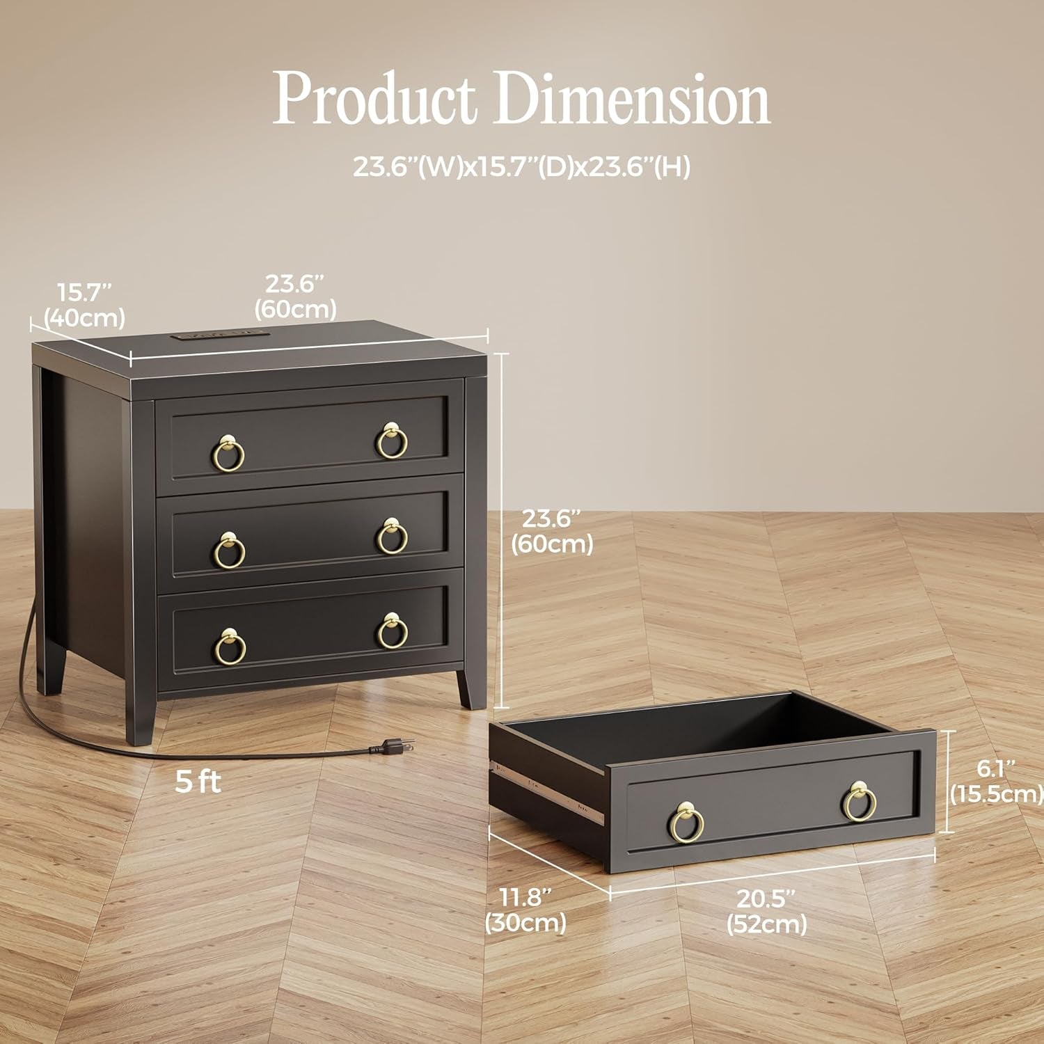 23.6-Inch Modern Nightstand with Charging Station and USB-C Port, Three Drawer Bedside Table, Black Finish