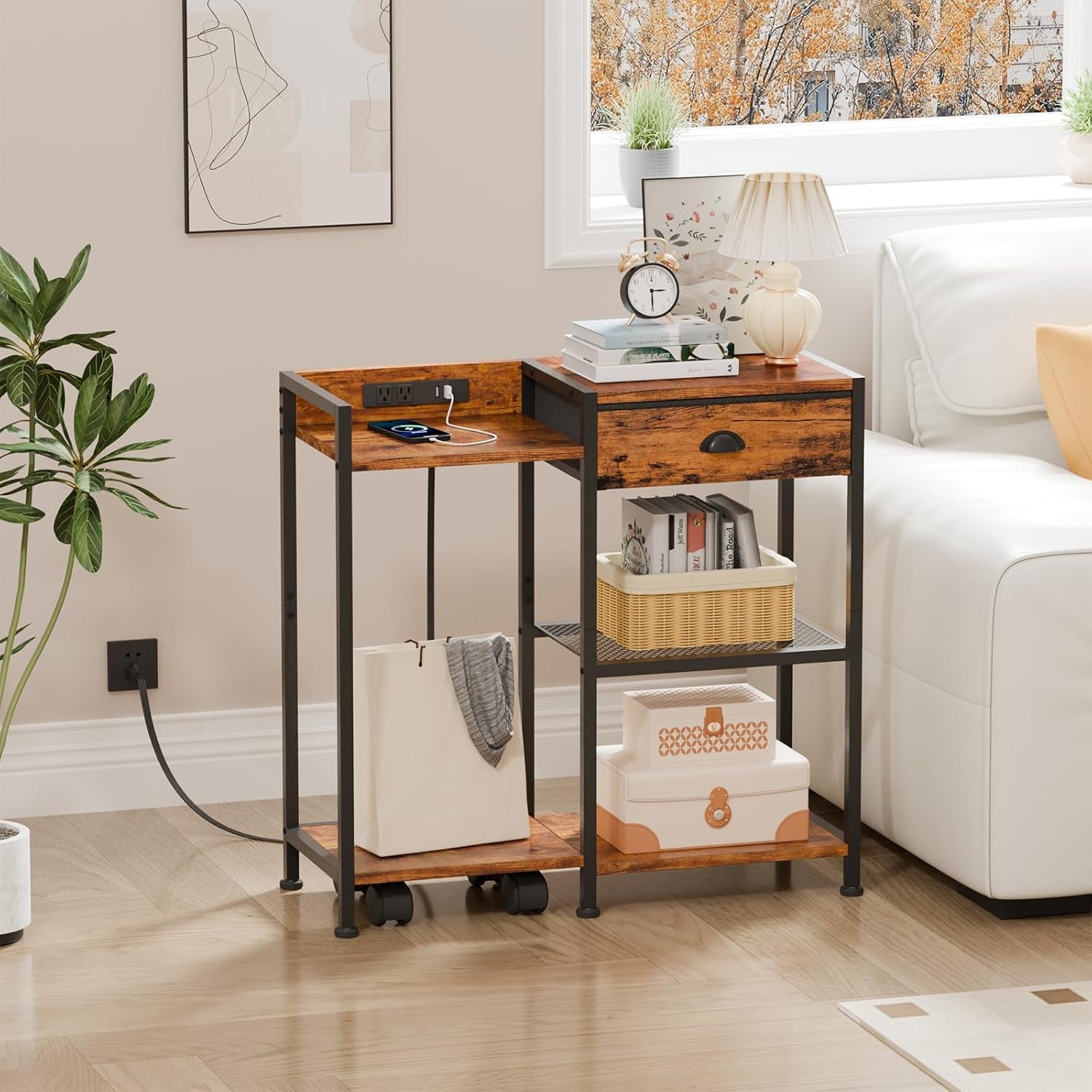 Printer Stand with Storage Drawer,Printer Table with Charging Station and USB Port,Industrial 3 Tier Shelf, Shredder Stand with Wheels,For Home Office,Rustic Brown