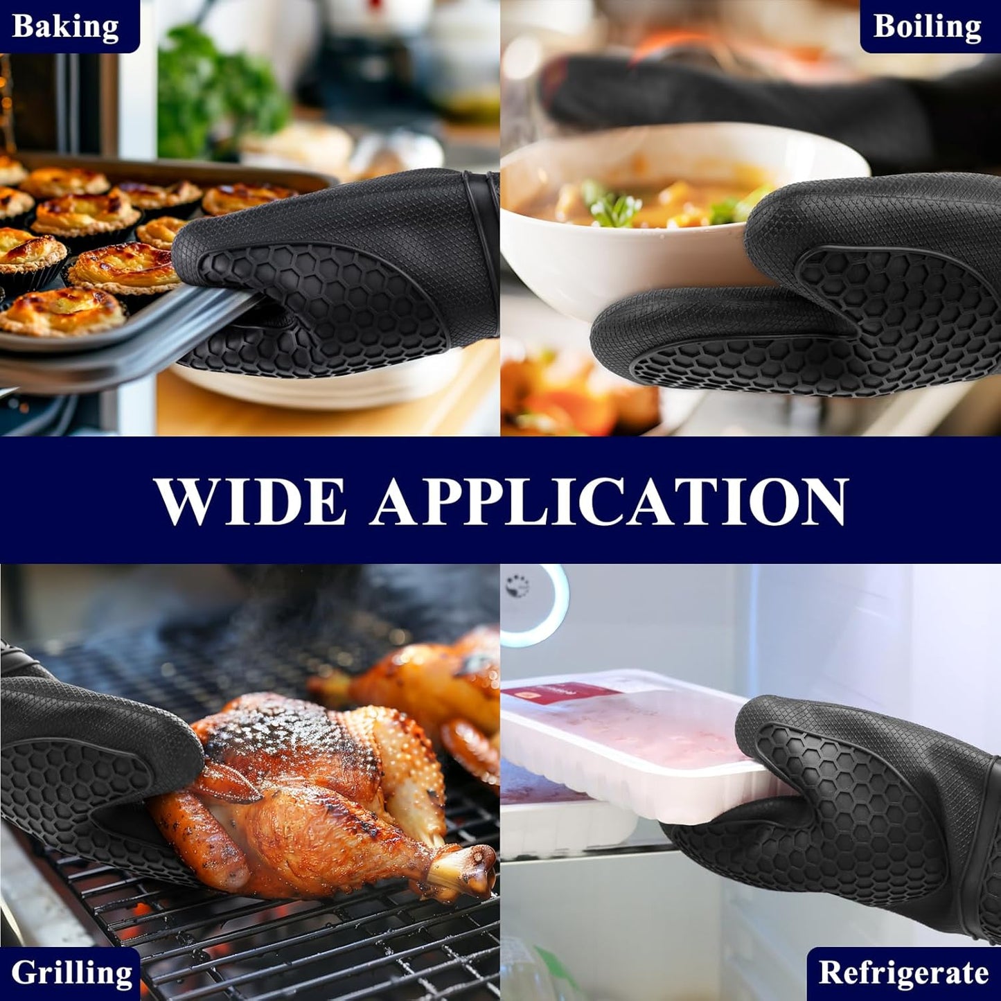 Silicone Oven Mitts, Set of 2, Heat Resistant, Oven Gloves with Soft Lining, Non-Slip Kitchen Essentials, Kitchen Gadgets, Apartment Essentials, Great Gift for Cooking, Baking, Black