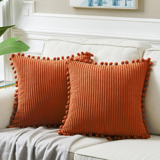 Pack of 2 Burnt Orange Decorative Throw Pillow Covers 18X18 Inch with Pom-Poms for Couch Bed Living Room Bedroom, Soft Corduroy Solid Square Cushion Case 45X45 Cm, Boho Fall Home Decor