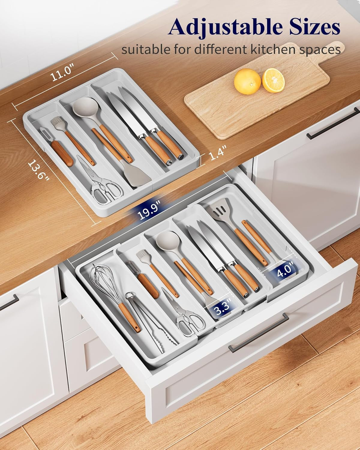 Expandable Silverware Organizer – Large Utensil Drawer Kitchen Organization with 5 Compartments, Easy-Clean, Home & Apartment Essentials, White, 13.6" X 1.4"X 11.0"~19.9"